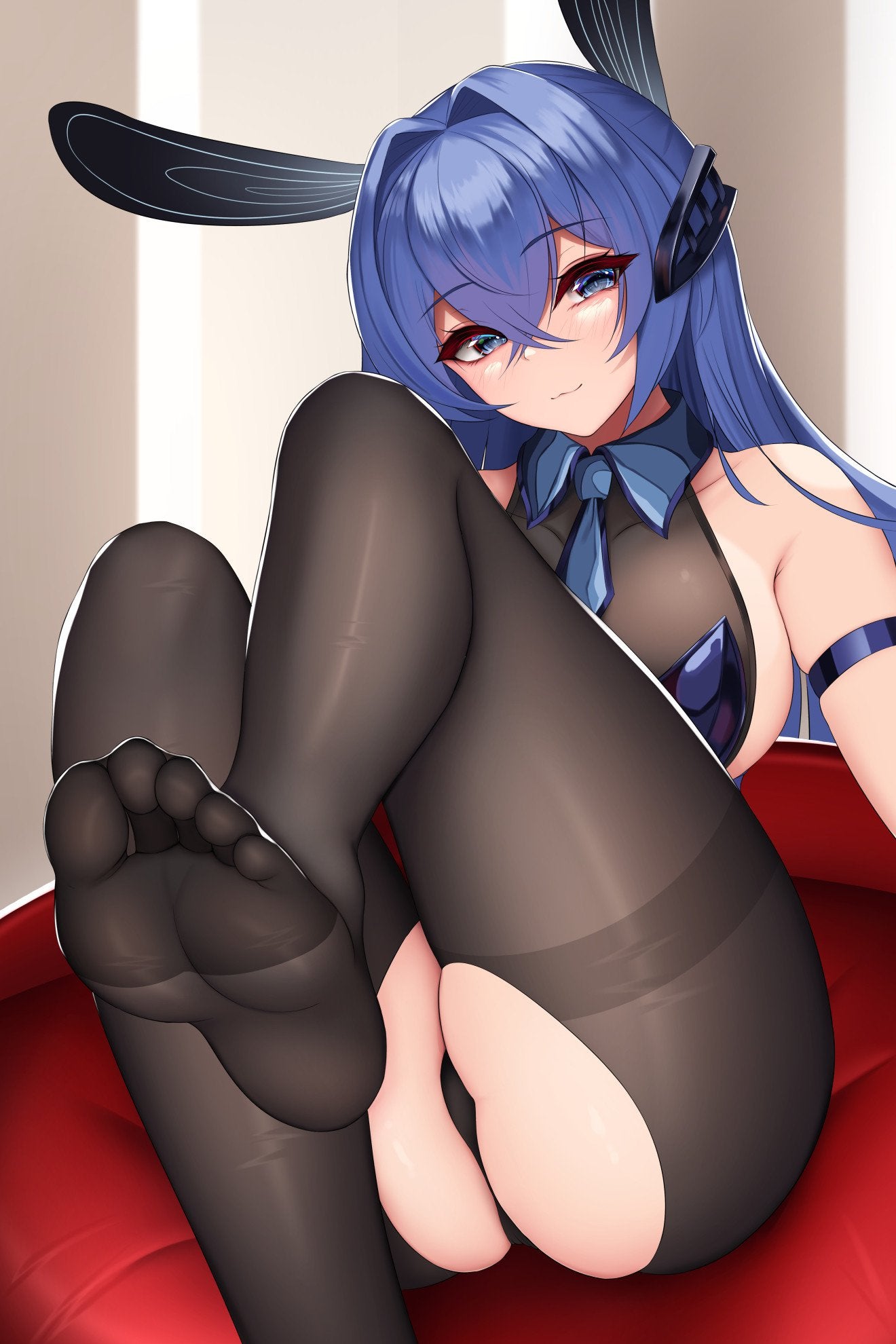 azur lane, black legwear, blue hair, damao yu, feet, feet towards viewer, female, foot fetish, legs, looking at viewer, new jersey (azur lane), panties, pussy, solo, thighs