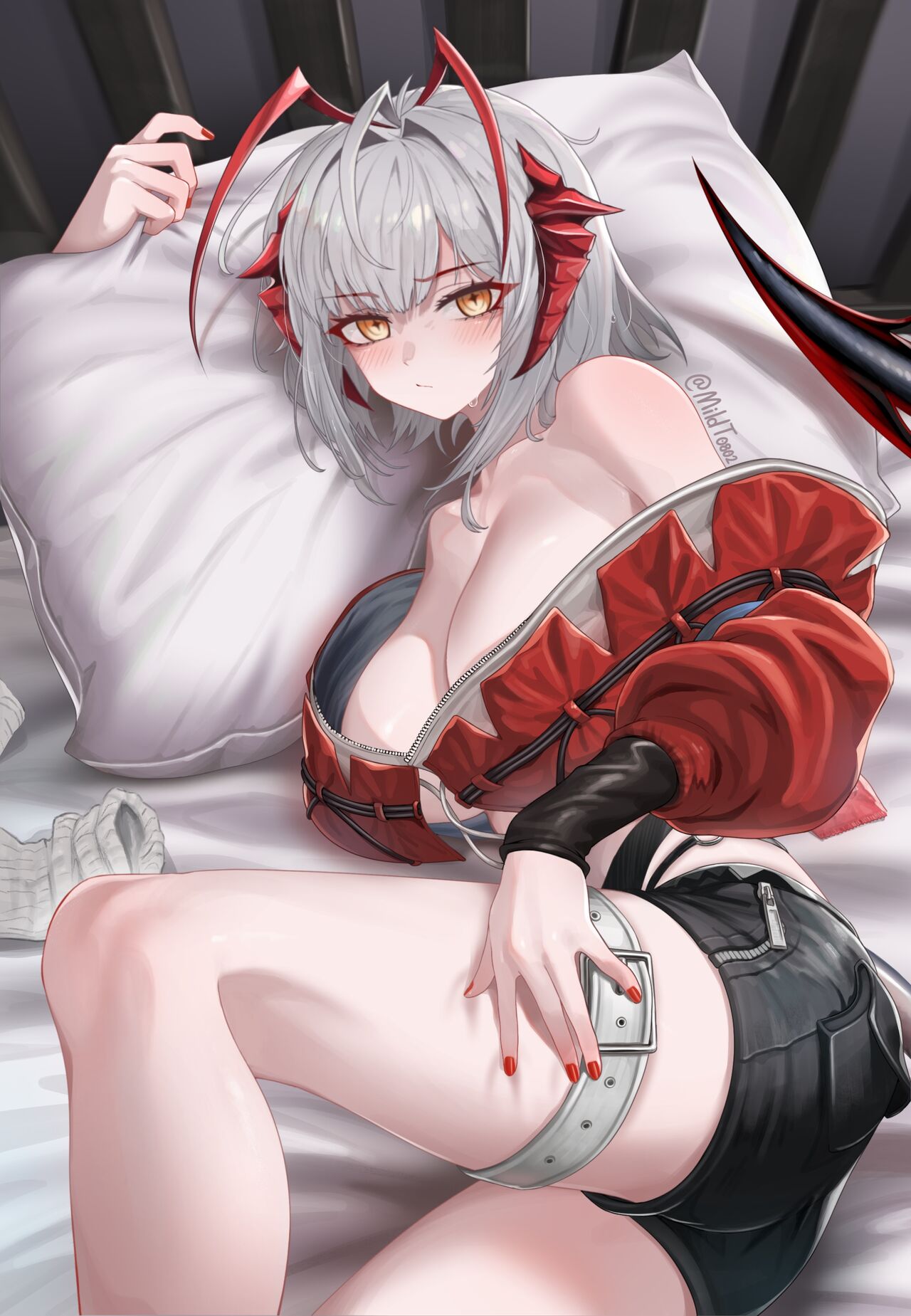 1boy, 1girls, 2024, arknights, bare shoulders, big breasts, blush, breasts, female, hi res, horns, light skin, light-skinned female, lying, lying on back, male, mildt, no bra, pillow, pillow grab, short hair, shorts, thigh strap, w (arknights), white hair