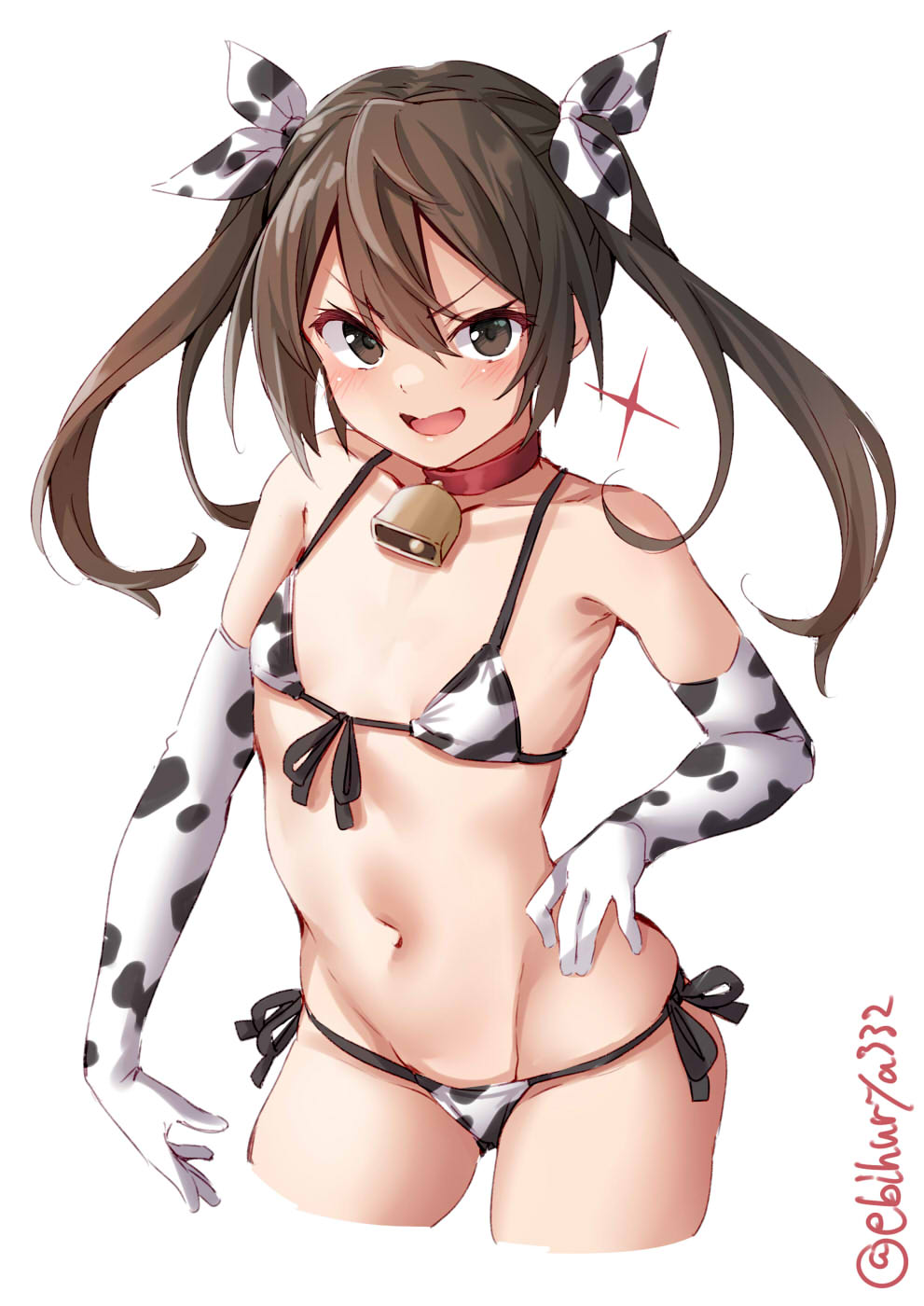 bangs, bikini, blush, brown eyes, brown hair, choker, collar, cow bikini, cow print, cow print armwear, cowbell, ebifurya, elbow gloves, female, female only, flat chest, gloves, hair ribbon, hairbow, kantai collection, long hair, looking at viewer, navel, side-tie bikini, skinny, smile, solo, tone (kantai collection), twintails, wide hips