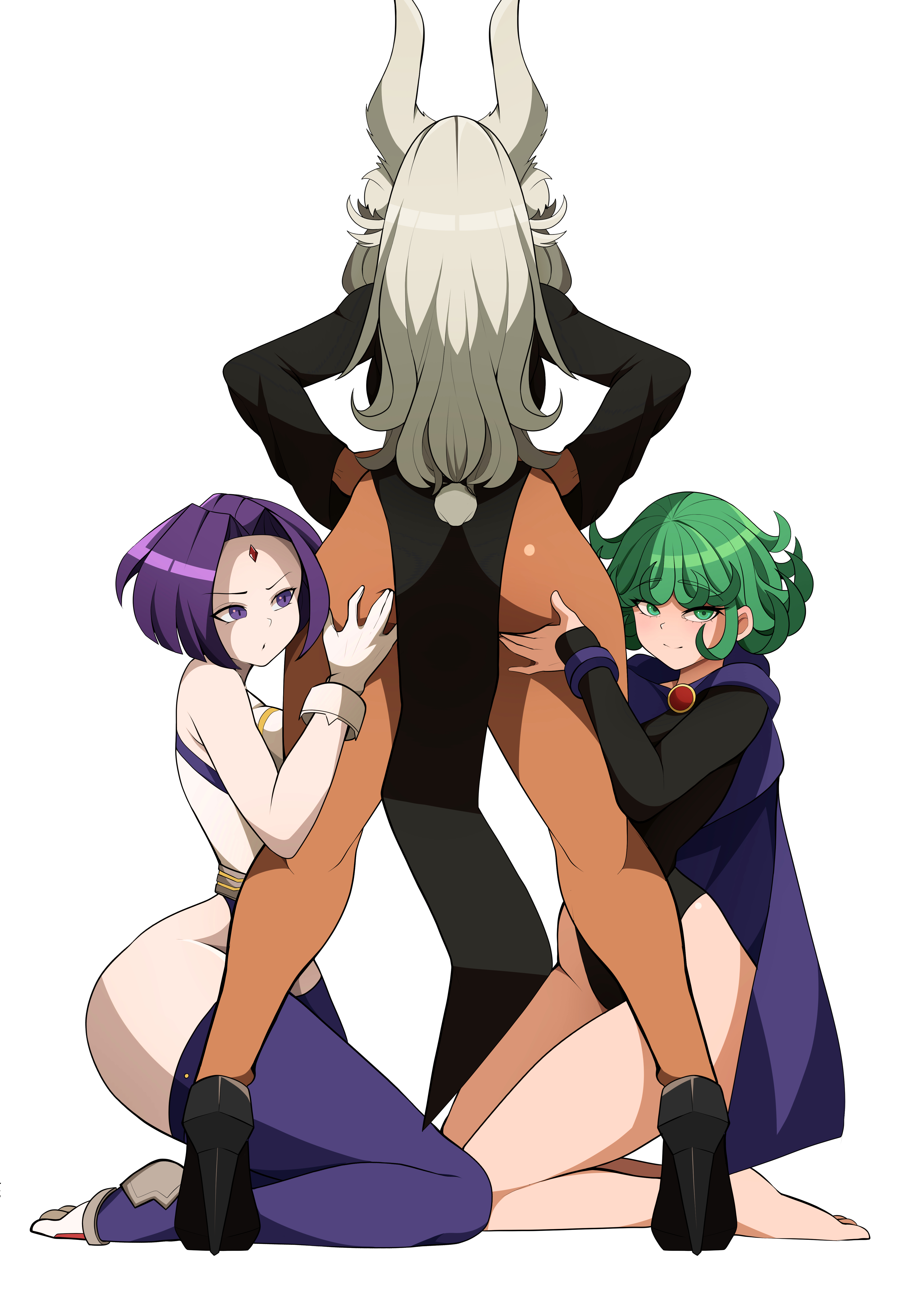 3girls, absurd res, absurdres, alternate version available, animal ears, animal tail, armwear, ass, back, back view, backboob, big ass, black dress, breasts, bunny ears, bunny tail, cape, clothing, cosplay, crossover, dc, dc comics, dress, female, female only, footwear, forehead jewel, full body, gloves, green eyes, green hair, hands on ass, hands on hips, heels, hi res, high heels, high resolution, hips, huge ass, legs, legwear, leotard, lixiart, long hair, miruko, miruko (cosplay), multiple females, multiple girls, my hero academia, one-punch man, outfit swap, pelvic curtain, purple eyes, purple hair, raven (cosplay), raven (dc), rumi usagiyama, short hair, superhero costume, tatsumaki, tatsumaki (cosplay), teen titans, thick thighs, thighhighs, thighs, white gloves, white hair, wide hips
