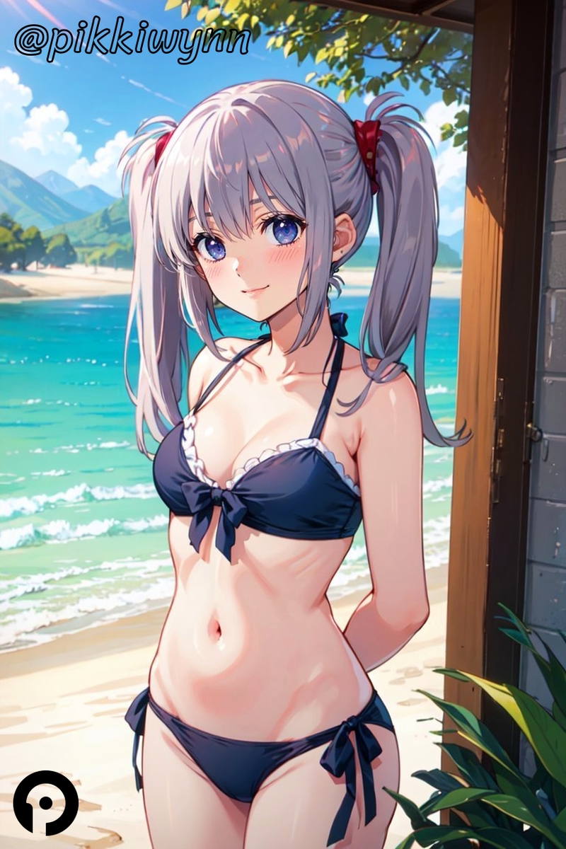 ai_generated arms_behind_back bangs bare_shoulders beach bikini black_bikini blue_eyes blue_sky blush breasts cleavage closed_mouth cloud collarbone cowboy_shot day female front-tie_top grey_hair hair_ornament halterneck long_hair looking_at_viewer medium_breasts navel ocean outdoors pikkiwynn primula shuffle! side-tie_bikini_bottom sidelocks sky smile solo standing stomach swimsuit twintails young