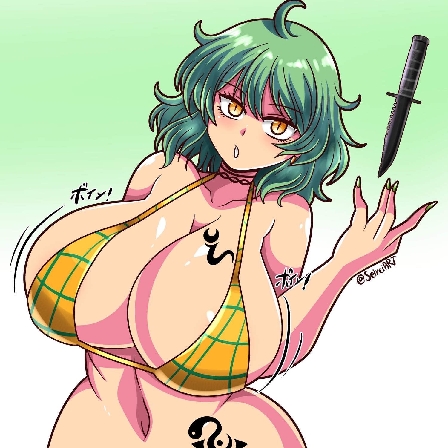 1girls, 2024, artist name, big breasts, bikini, bikini top, bottomless, breasts, female, gradient background, green hair, green nails, hikage (senran kagura), hips, huge breasts, japanese text, knife, light skin, light-skinned female, marvelous, motion lines, seireiart, senran kagura, solo, solo female, tattoo, tattoo on breast, thick hips, watermark, yellow eyes