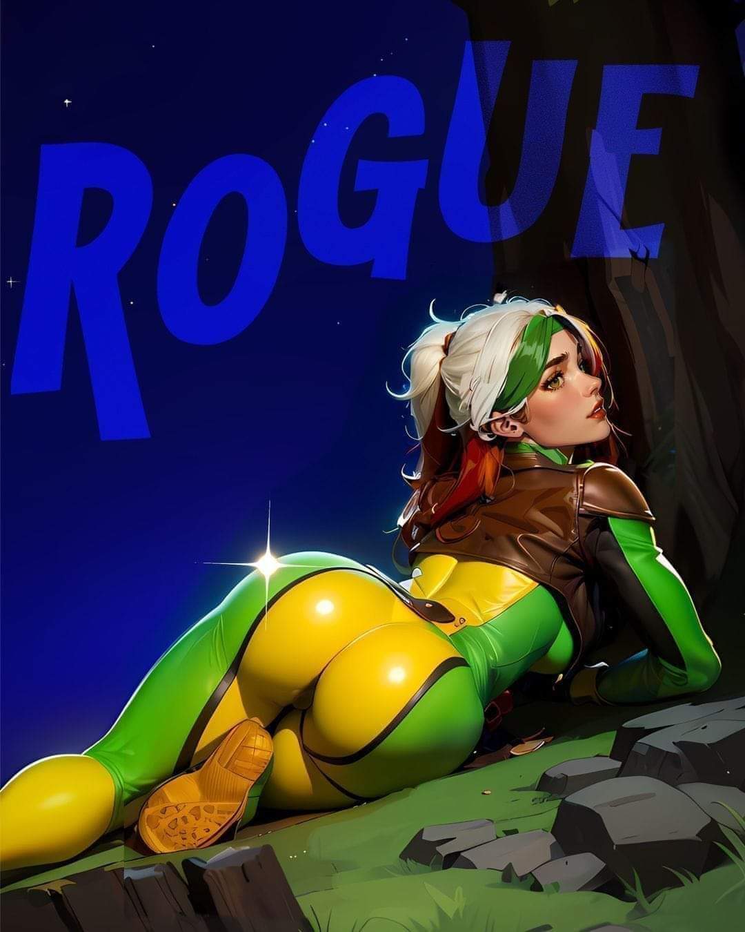 1girls ai_generated ass_focus big_ass big_breasts big_butt bodysuit canonical_scene green_eyes large_ass marvel marvel_comics meme multicolored_hair nerdddemon rogue_(x-men) rogue_dat_ass_(meme) shiny_ass shiny_clothes solo superheroine x-men