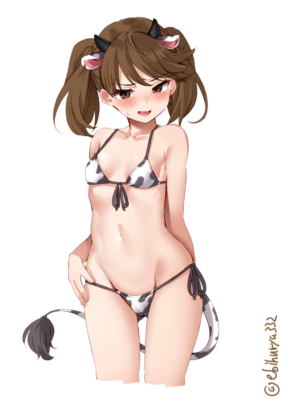 arm behind back, bikini, blush, breasts, brown eyes, brown hair, cameltoe, cow bikini, cow ears, cow girl, cow horns, cow print, cow tail, ebifurya, embarrassed, female, female only, kantai collection, navel, pussy, ryuujou (kantai collection), side-tie bikini, small breasts, solo, sweatdrop, twintails, wide hips