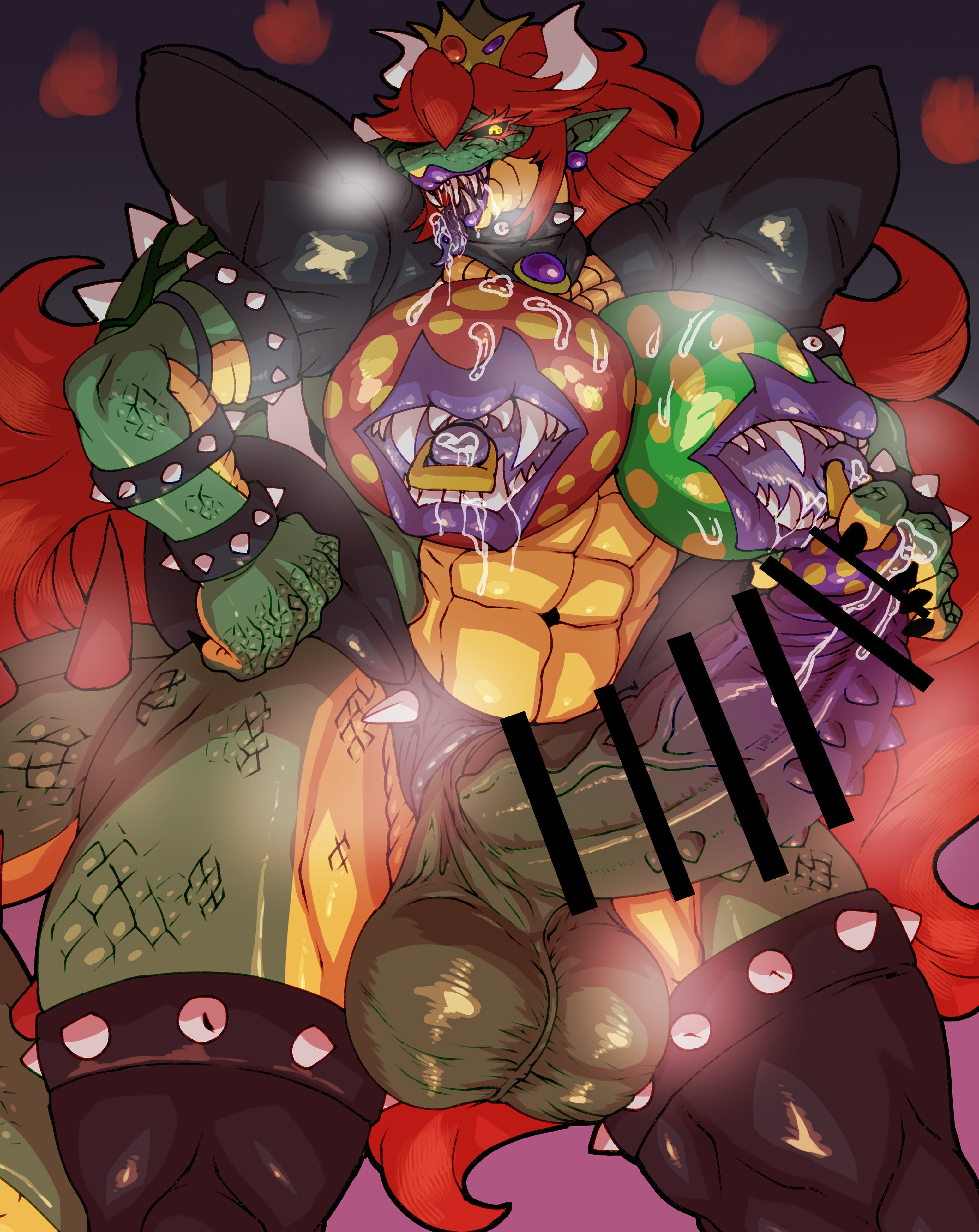 1futa, anthro, areola, balls, bangles, bowser peach, breasts, bridal gauntlets, censored, claws, corruption, crown, erect nipples, fangs, female, furry, fusion, futa only, futanari, horns, intersex, leather, lipples, mario (series), monster girl, mouth nipples, nintendo, nipple mouth, nipples, penis, presenting, reptile, scale, scales, sharp teeth, solo, spiked armlet, spiked collar, spiked harness, spikes, testicles, transformation