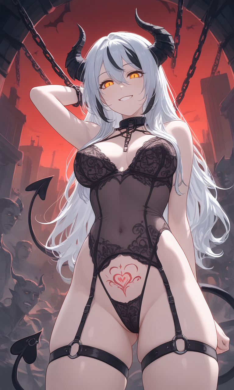 ai_generated black_hair chained_up chains curvy demon demon_girl devil devil_horns hell horns lingerie navel original_character pale_skin red_sky satanic straps succubus succubus_costume succubus_horns succubus_tail succubus_tattoo tattoo thong underwear white_hair