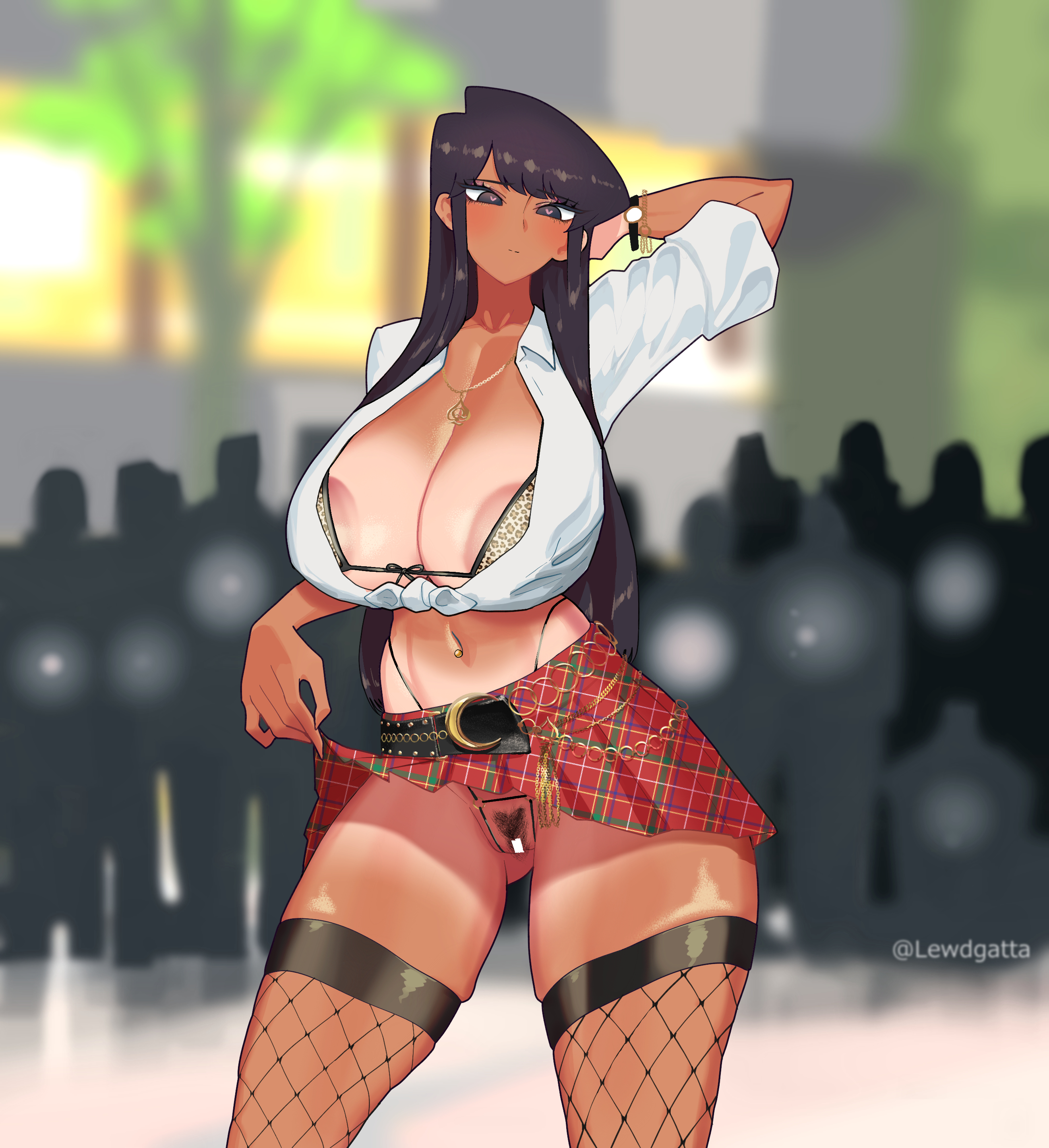 1girls, alternate breast size, areola slip, arm up, bimbo, black eyes, black hair, bra, bra cups sticking out, breasts, censor bar, censored, cheetah print, cleavage, crotchless, crotchless panties, crowd, curvaceous, curves, curvy, curvy female, curvy figure, female, fishnets, front-tie top, gyaru, heart-shaped pupils, high resolution, highleg, highleg panties, highres, huge breasts, human, komi shouko, komi-san wa komyushou desu, large breasts, lewdgatta, long hair, panties, pubic hair, public, pussy, queen of spades, revealing clothes, skimpy clothes, skirt, skirt lift, solo, standing, tanline, tanned, thick thighs, thighhighs