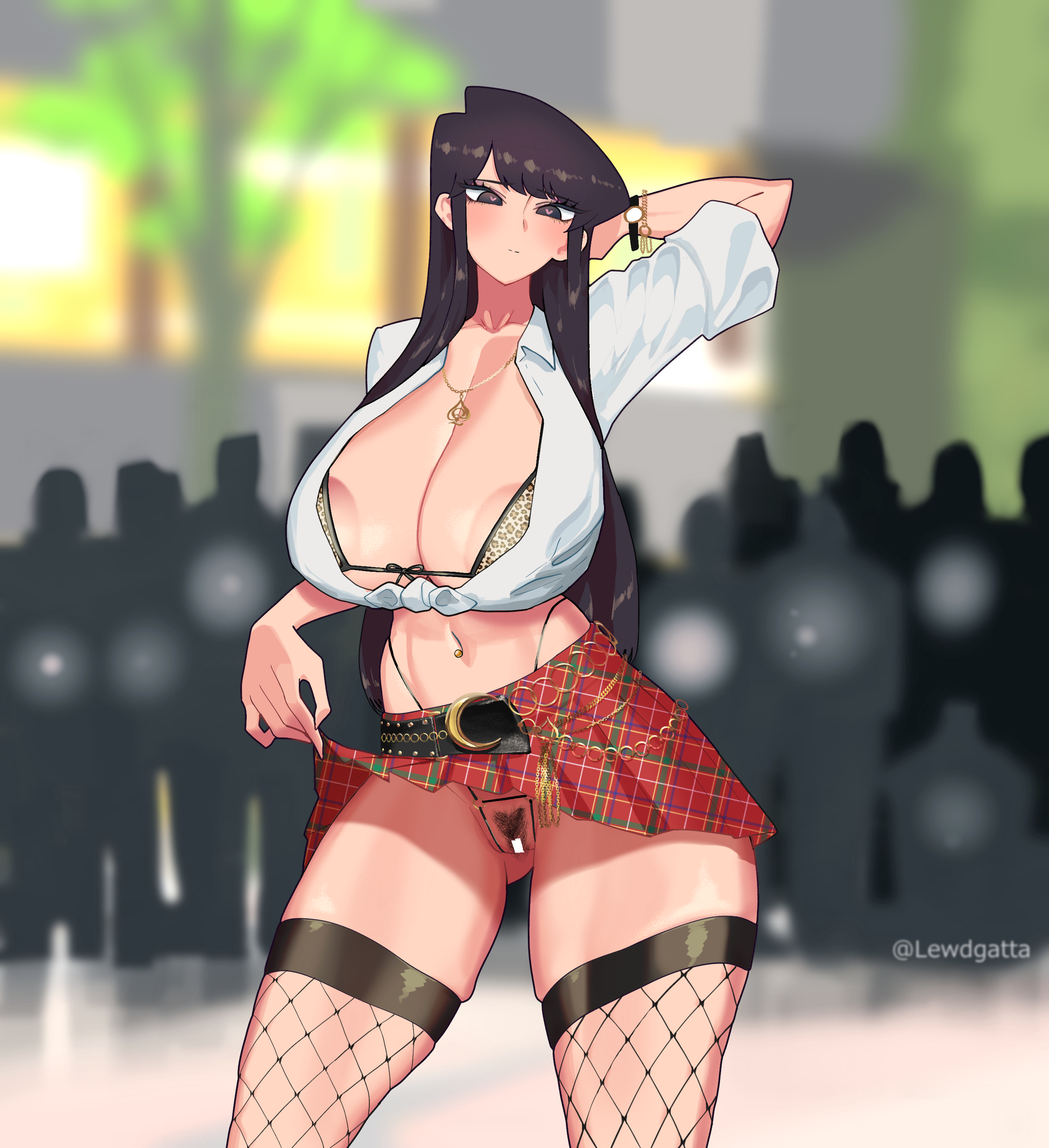 1girls, alternate breast size, areola slip, arm up, bimbo, black eyes, black hair, bra cups sticking out, breasts, censor bar, censored, cheetah print, cleavage, crotchless, crotchless panties, crowd, curvaceous, curves, curvy, curvy female, curvy figure, female, fishnets, front-tie top, high resolution, highleg panties, highres, huge breasts, human, komi shouko, komi-san wa komyushou desu, large breasts, lewdgatta, long hair, miniskirt, panties, pubic hair, pussy, queen of spades, revealing clothes, skimpy clothes, skirt, skirt lift, solo, thick thighs, thighhighs