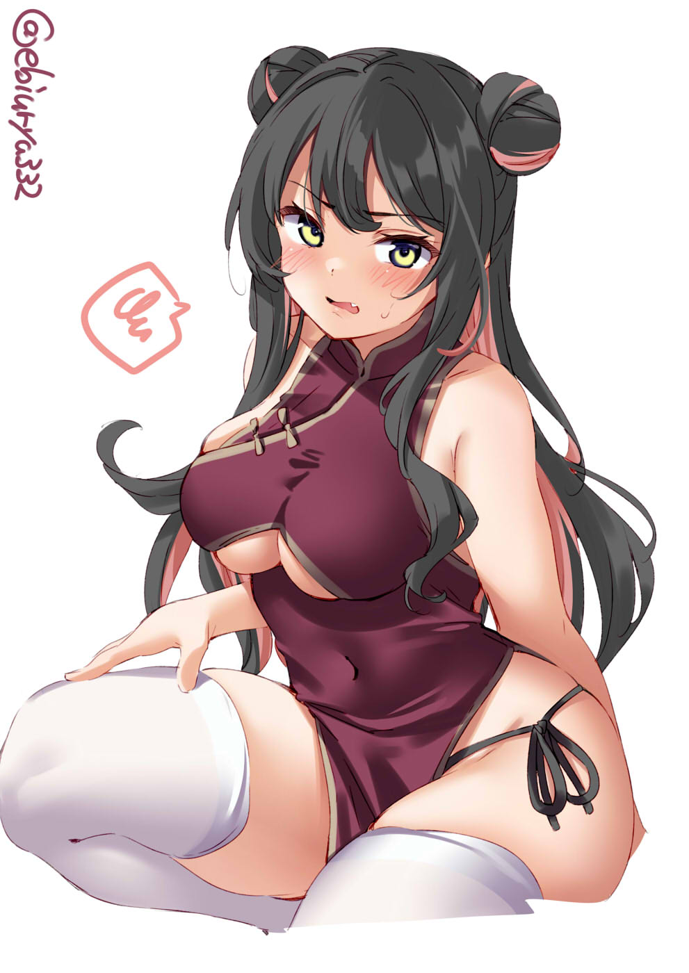 bangs, black hair, black panties, blush, breasts, china dress, chinese clothes, cute fang, double bun, ebifurya, embarrassed, female, female only, fully clothed, kantai collection, long hair, looking at viewer, medium breasts, naganami (kantai collection), pink highlights, side slit, side-tie panties, sidelocks, sleeveless, solo, sweatdrop, thick thighs, thighhighs, tight clothing, two-tone hair, underboob, white legwear, white thighhighs, yellow eyes