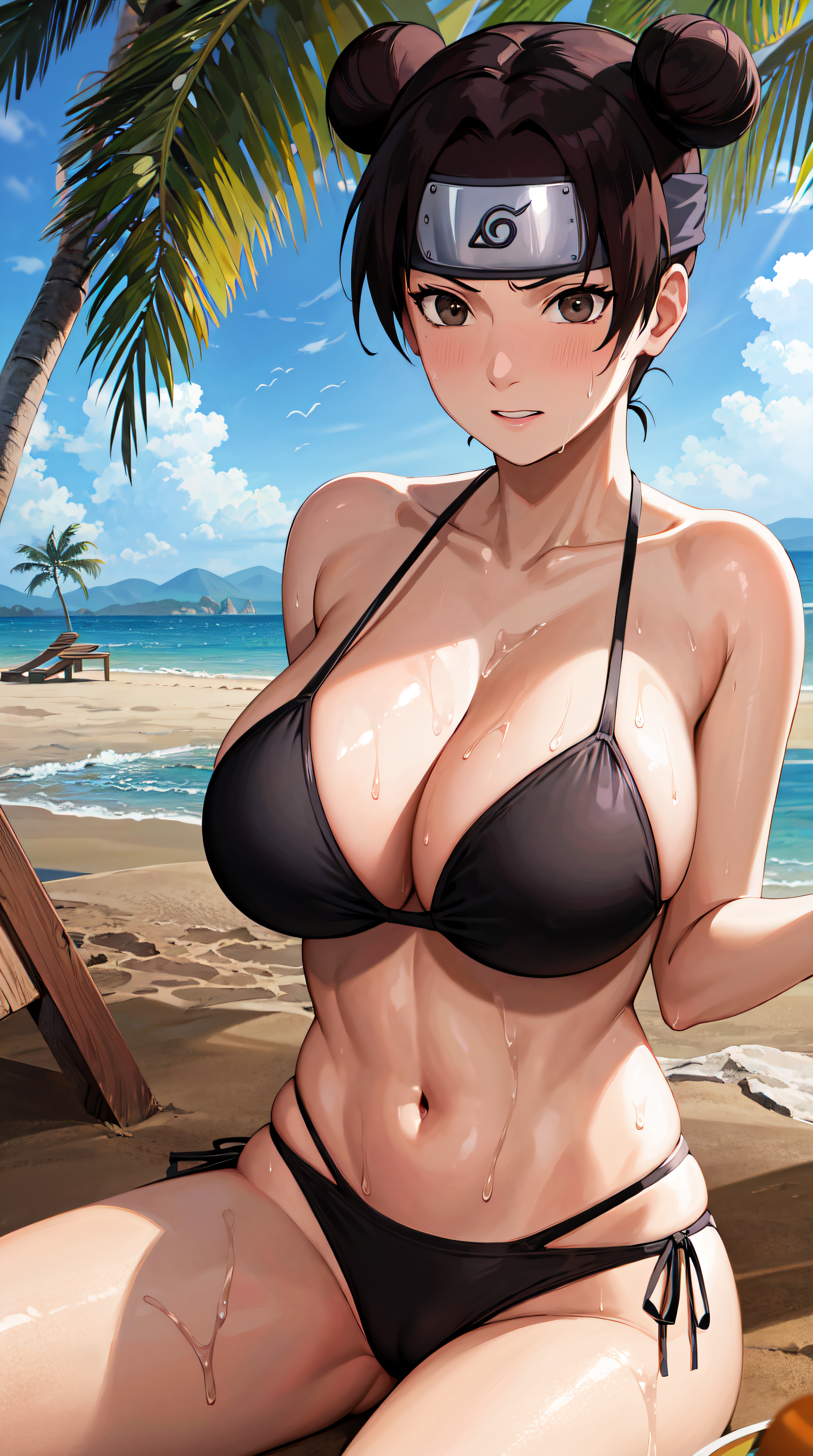 1girls, abs, adapted costume, ai generated, athletic, athletic female, bare legs, bare midriff, bare shoulders, beach, big breasts, bikini, bikini bottom, bikini top, breasts, brown eyes, brown hair, cleavage, curvaceous, double bun, female, female only, hair bun, headband, highres, konohagakure symbol, legs together, looking at viewer, midriff, nai diffusion, naruto, naruto (series), naruto shippuden, ocean, oppai, sand, seaside, side-tie bikini, side-tie bikini bottom, sitting, smile, solo, stable diffusion, swimsuit, tenten, toned, toned female, twin buns, voluptuous, waifuinvoker, water