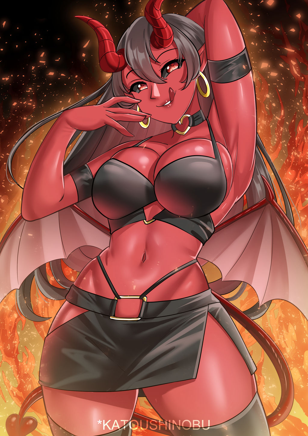 black_hair black_sclera cleavage demon demon_girl female_only horns katoushinobu large_breasts long_hair navel red_eyes red_skin skirt smile solo succubus tail thighhighs wings