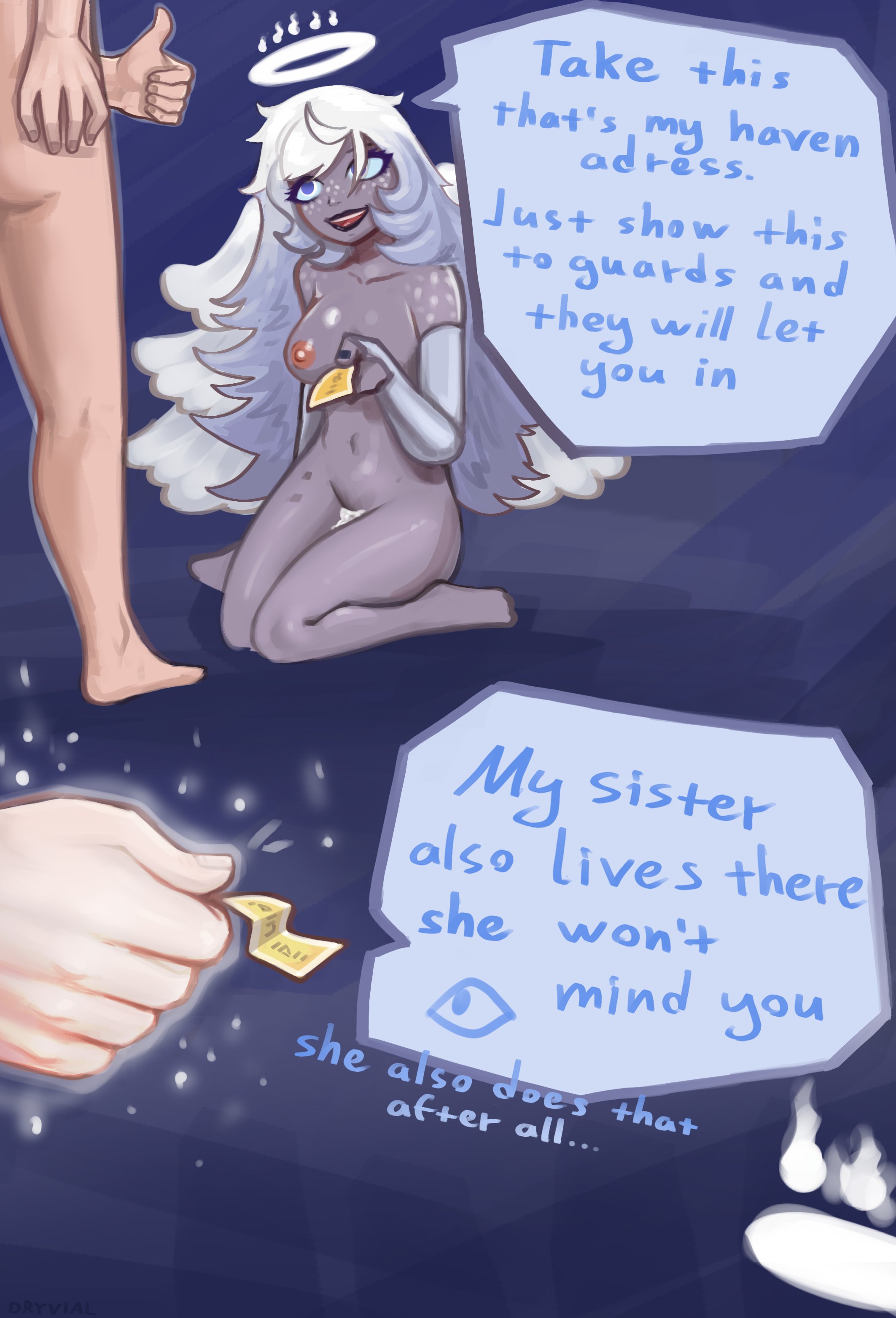1girls, 2024, absurdres, after sex, angel, angel wings, comic, cum, cum in pussy, cum inside, dryvial, emily (hazbin hotel), english text, female, freckles, grey skin, halo, hazbin hotel, hellaverse, highres, male, nude, nude female, nude male, partial male, pussy, seraph (angel), text