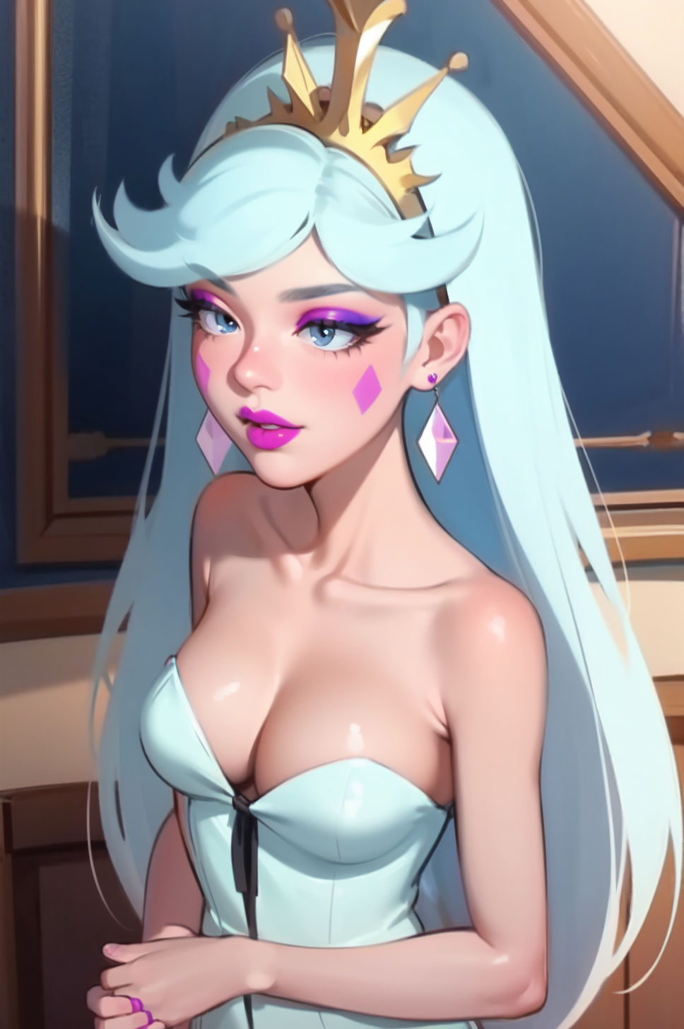 1girls ai_generated blue_hair cleavage crown curvaceous curvy curvy_body curvy_female curvy_figure disney disney_xd earrings female female_only hourglass_figure inner_sideboob light-skinned_female light_skin moon_butterfly mrseyker pixai queen solo solo_female star_vs_the_forces_of_evil voluptuous voluptuous_female