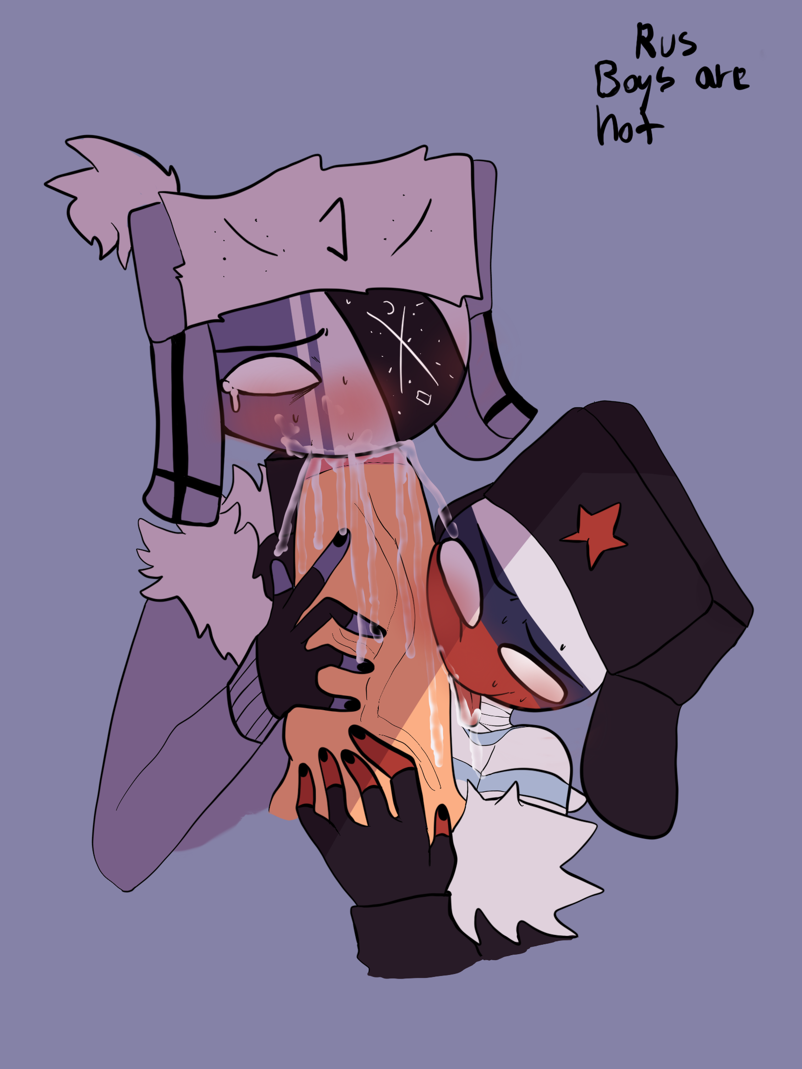 blowjob, clothed, countryhumans, crossover, cum, cum in mouth, fingerless gloves, friday night funkin, friday night funkin mod, gay, gay sex, male, male only, nail polish, no pupils, russia, russia (countryhumans), ruv (dokki.doodlez), ruv (friday night funkin), stickman, threesome, ushanka, yaoi