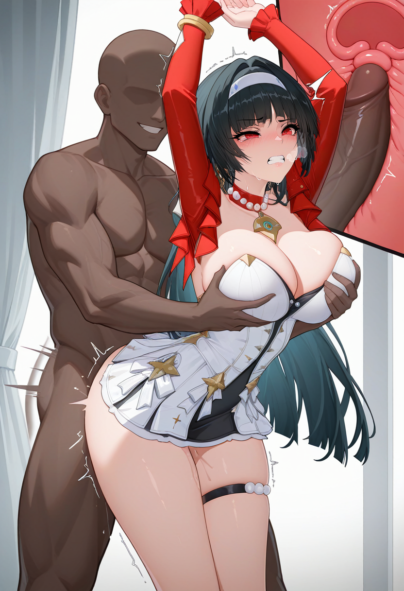 1girls ai_generated astra_yao black_hair blunt_bangs clenched_teeth cross_section dark-skinned_male degenbrecher earrings grabbing_breasts hairband jewelry long_hair necklace pearl_necklace red_eyes red_jacket sex sex_from_behind steam zenless_zone_zero