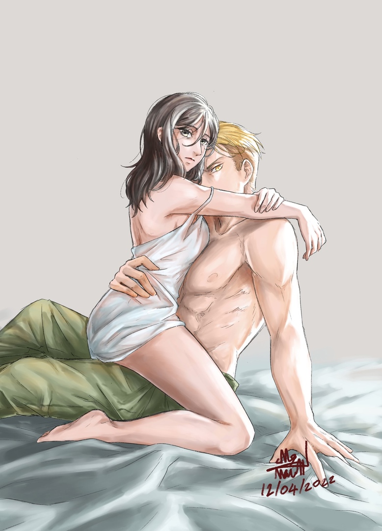 1boy 1girls abs attack_on_titan bed blonde_hair female fit_male hugging imminent_sex loose_clothes male male/female male_abs monach muscular_male on_bed on_lap partially_clothed pieck_finger porco_galliard shingeki_no_kyojin shirtless shirtless_male sitting_on_lap straddling straight