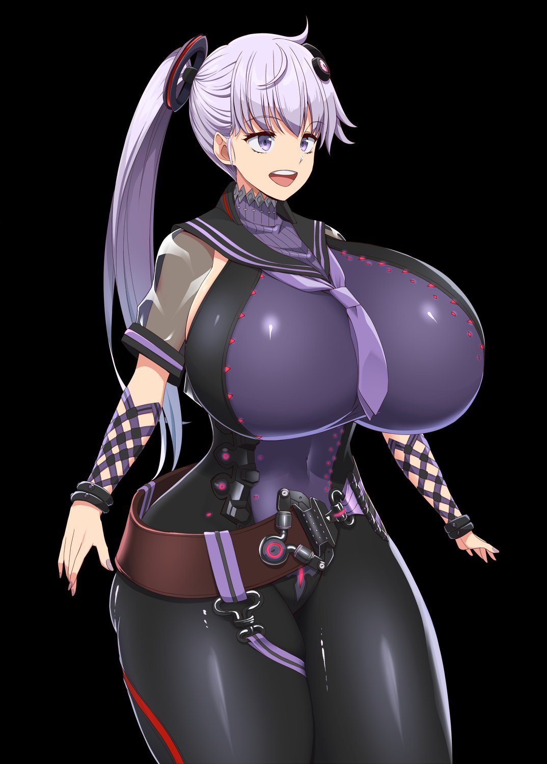 1girls :d ahoge alternate_color belly belt black_background black_bodysuit bodysuit breasts brown_belt cosplay covered_navel cowboy_shot curvy dekapaiyukari eve_(stellar_blade) eve_(stellar_blade)_(cosplay) female female_focus female_only gigantic_breasts hair_ornament hi_res highres huge_breasts inverted_costume kloah large_breasts long_hair multicolored_bodysuit multicolored_clothes multicolored_clothing multiple_bracelets nail_polish necktie open_mouth planet_diving_suit_(6th)_(stellar_blade) ponytail purple_eyes purple_hair purple_nails purple_necktie purple_sailor_collar sailor_collar see-through see-through_sleeves shiny_clothes shiny_skin short_sleeves simple_background smile solo solo_female stellar_blade teeth thick_thighs thighs tight_bodysuit turtleneck turtleneck_bodysuit upper_teeth_only vocaloid voiceroid yuzuki_yukari