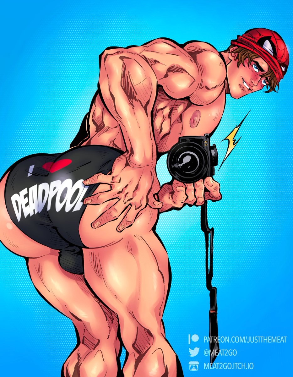 ass, back view, bara, big ass, big butt, blush, bulge, gay, justthemeat/meat2go, looking back, male, male focus, male only, male underwear, marvel, marvel comics, muscular, muscular male, nipple, pecs, peter parker, spider-man, spider-man (series), underwear, underwear only, yaoi