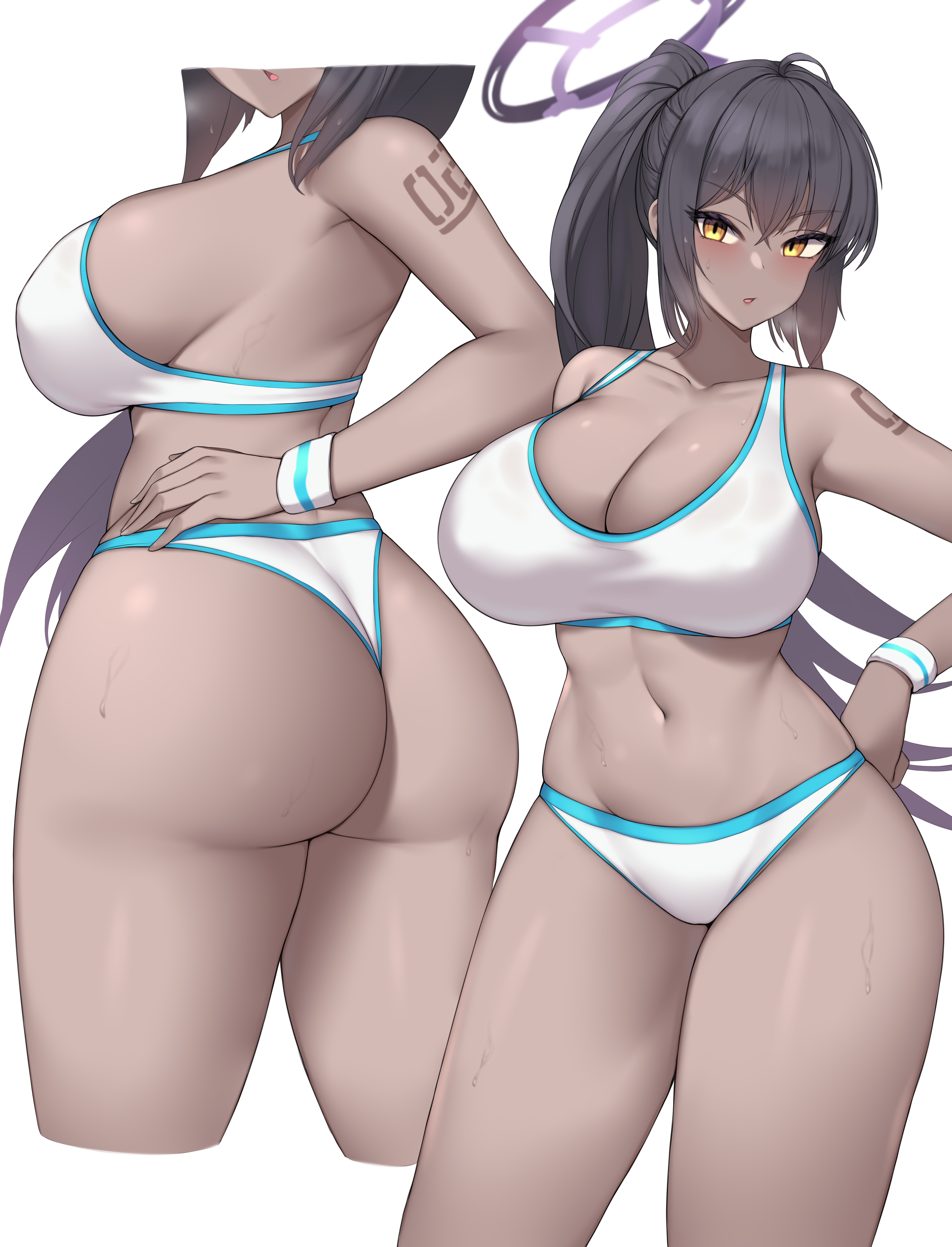 1girls, 2021, ass, back view, belly button, blue archive, breasts, brown skin, cleaning & clearing (blue archive), cleavage, dark skin, dark-skinned female, female, female focus, female only, front view, halo, hi res, hips, huge ass, huge breasts, karin (blue archive), kuavera, long hair, long ponytail, millennium science school student, multiple views, panties, ponytail, slim waist, sports bra, sportswear, thick thighs, thighs, white panties, wide hips, workout clothes, yellow eyes