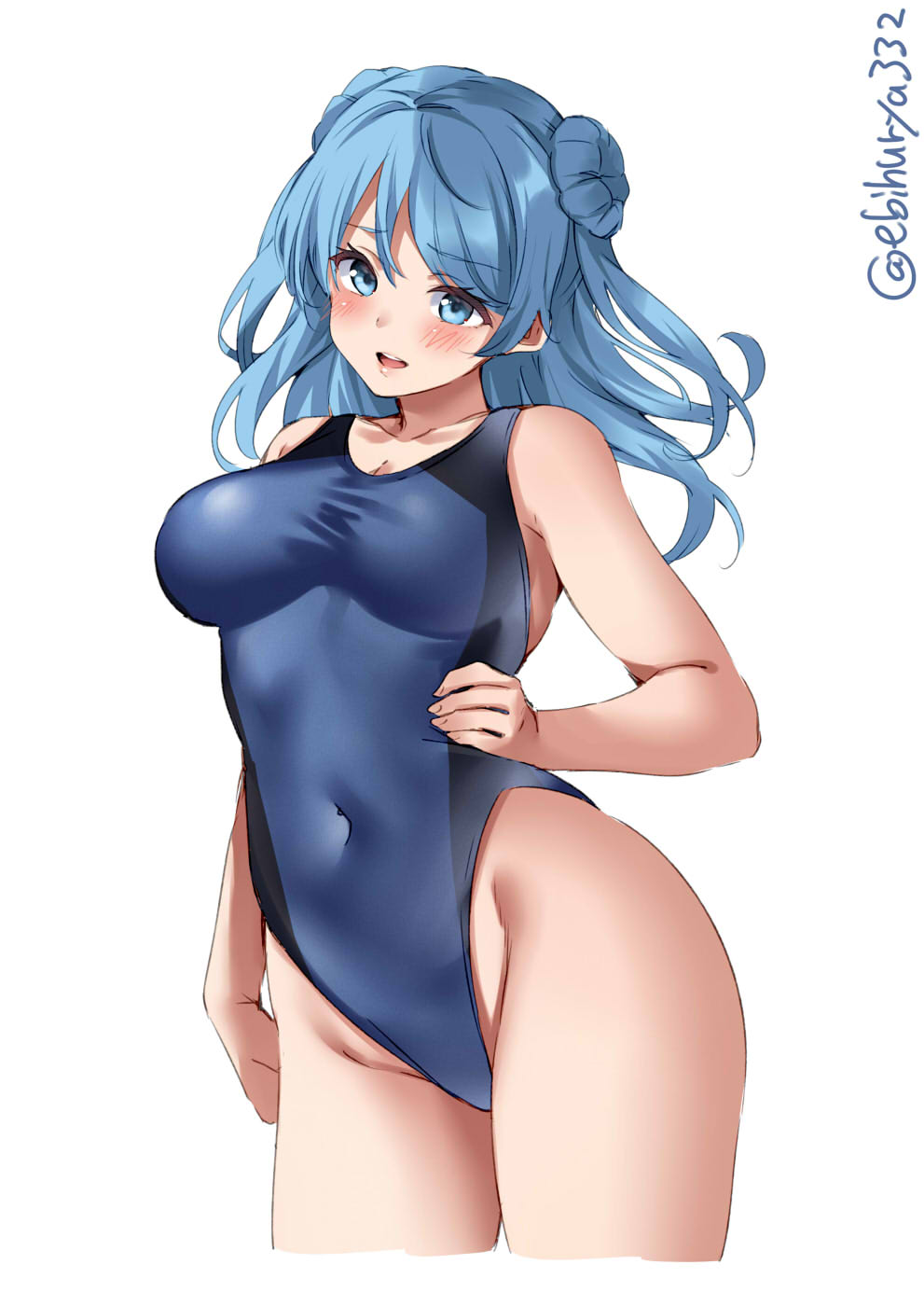 bangs big_breasts blue_eyes blue_hair blue_swimsuit blush double_bun ebifurya female female_only hand_on_hip highleg highleg_swimsuit kantai_collection long_hair looking_at_viewer navel one-piece_swimsuit solo swimsuit thick_thighs urakaze_(kantai_collection) wide_hips