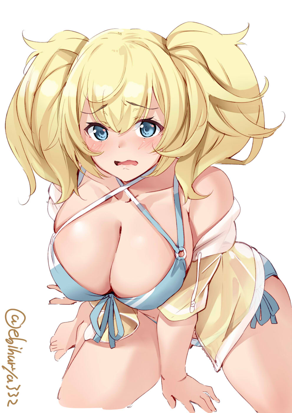 bangs big_breasts bikini blonde_hair blue_bikini blue_eyes blush cleavage ebifurya embarrassed female female_only gambier_bay_(kantai_collection) hair_between_eyes hoodie huge_breasts kantai_collection looking_at_viewer messy_hair sitting solo sweatshirt sweatshirt_and_bikini swimsuit twintails