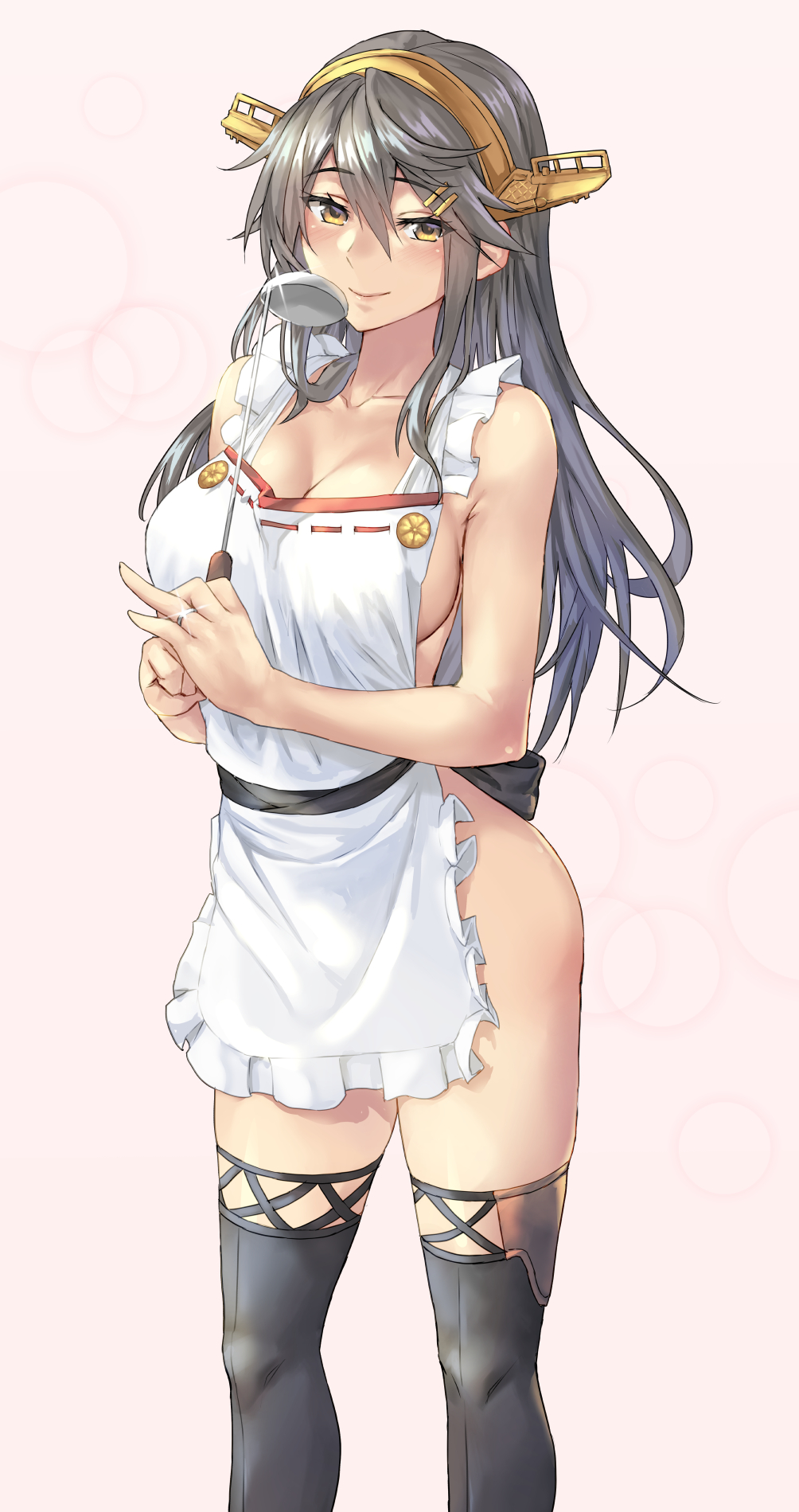 apron big_breasts black_legwear black_thighhighs cleavage dark_hair female_only hairband hairclip haruna_(kantai_collection) headgear housewife kantai_collection kokuzou ladle long_hair looking_at_viewer naked_apron sideboob smile solo stepford_wife stepfordization thighhighs wedding_ring yellow_eyes