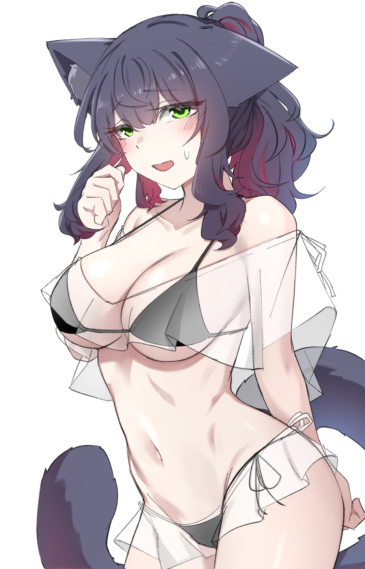 1girls animal_ears animal_tail arknights bikini bikini_bottom bikini_top black_bikini black_hair cat_ears cat_tail catgirl embarrassed female female_focus female_only flat_belly green_eyes jessica_(arknights) jessica_the_liberated_(arknights) k0ng large_breasts light-skinned_female light_skin long_hair looking_at_viewer sadcat_(arknights) shy tagme thick_thighs transparent_clothing white_background