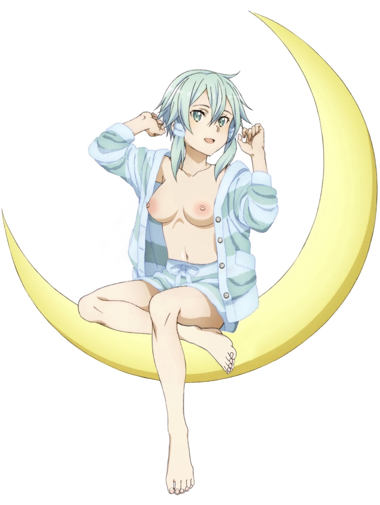 asada shino, edit, feet, female, gun gale online, moon, nipples, nude filter, pajamas, sinon, sword art online