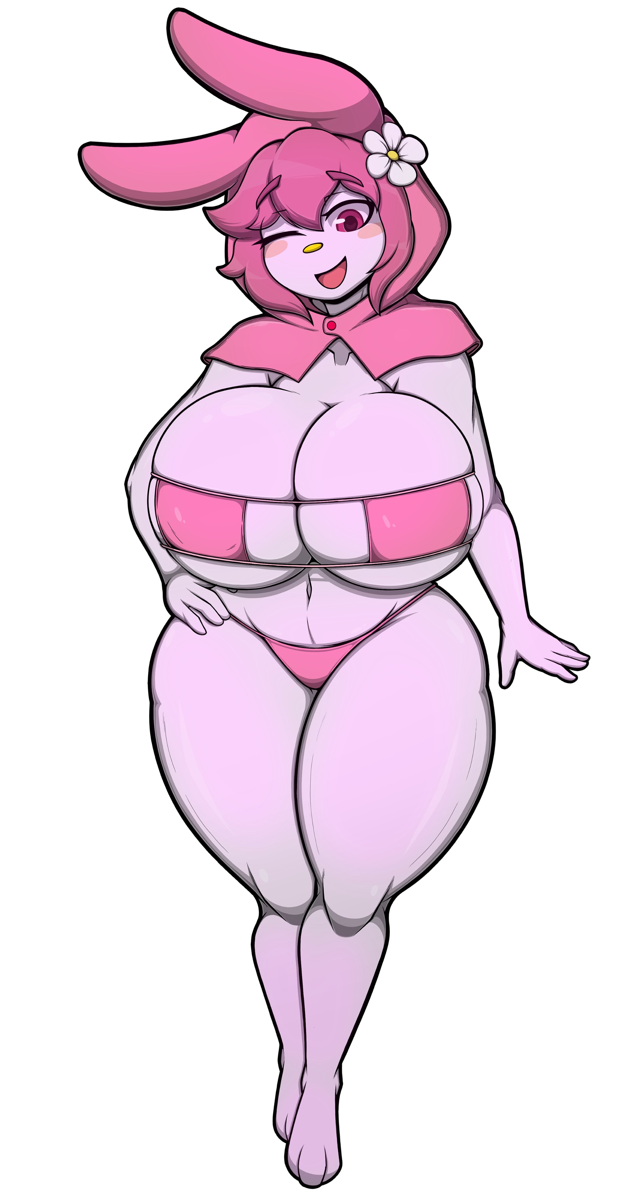 :d, 1girls, 2020s, 2023, 2d, 2d (artwork), 5 fingers, anthro, barely clothed, big breasts, big thighs, bra, breasts, bunny, bunny ears, bunny girl, busty, covered nipples, cute, female, female focus, female only, flower, flower in hair, fur, furry, furry female, furry only, hi res, highres, hips, hourglass figure, large breasts, large thighs, mammal, midriff, my melody, navel, onegai my melody, panties, red eyes, sanrio, short hair, simple background, smile, smiling, solo, solo female, solo focus, sticker, thick thighs, thighhighs, thighs, voluptuous, white background, white bra, white panties, wide hips, zak hitsuji