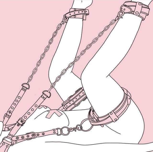 1girls, ankle cuffs, artist request, bondage, breasts, character request, cuffs, female, female focus, female only, femsub, functionally nude, functionally nude female, lowres, medium breasts, monochrome, nipple pasties, nude, original, pink theme, solo, solo female, solo focus, thigh cuffs, white skin