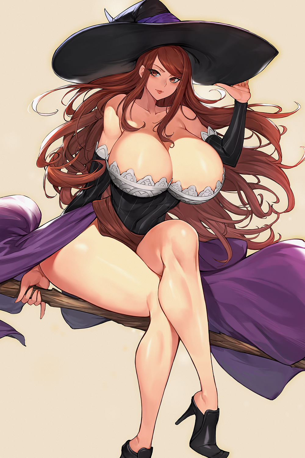 breasts cleavage dragon's_crown dress gurimjang hat high_heels huge_breasts long_hair red_hair sitting sorceress_(dragon's_crown) thick_thighs witch_hat