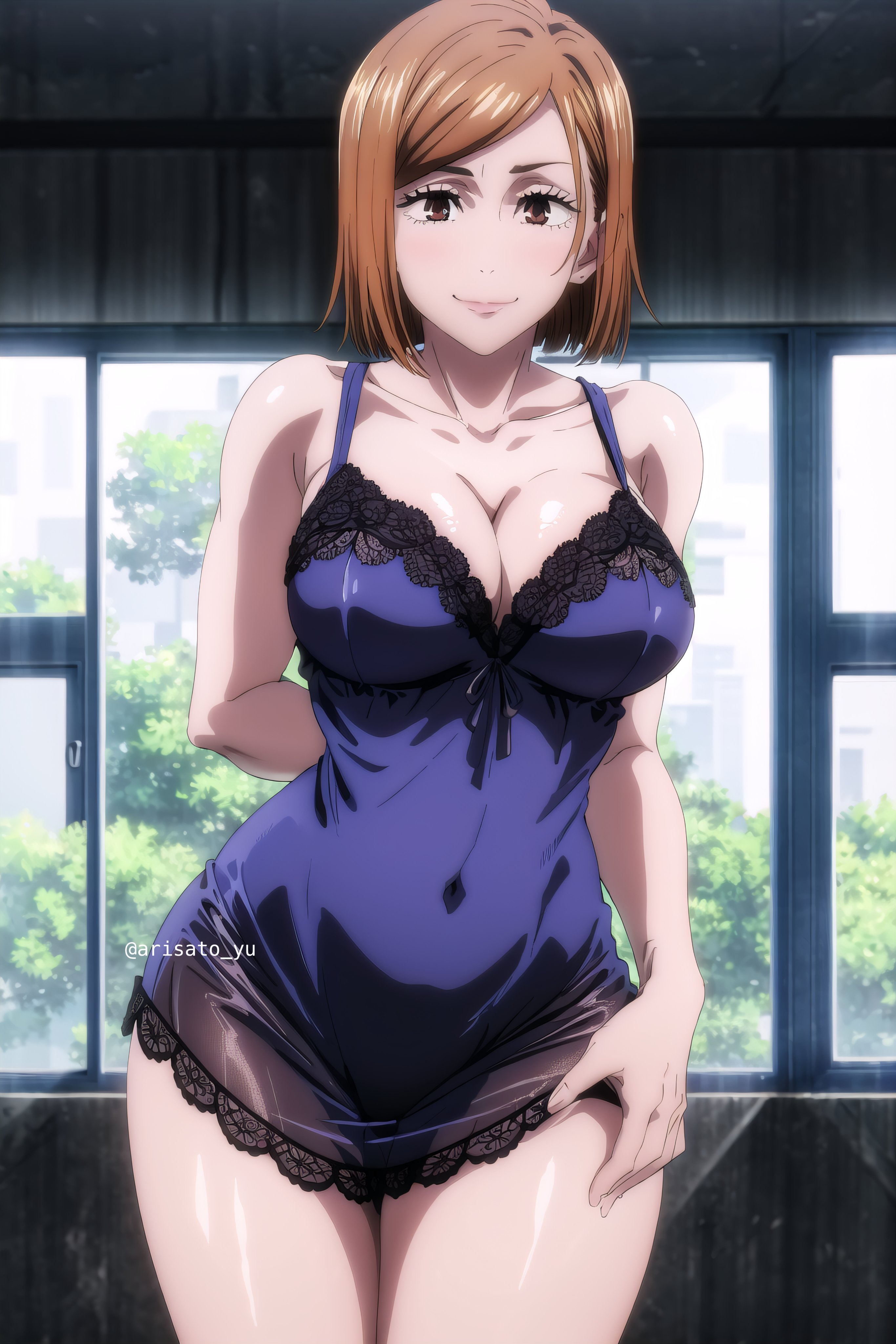 1girls, ai generated, arisato yu, ass, auburn hair, big ass, big breasts, breasts, brown eyes, cleavage, female, female only, human, jujutsu kaisen, kugisaki nobara, large breasts, lingerie, looking at viewer, mommy, negligee, panties, purple lingerie, solo