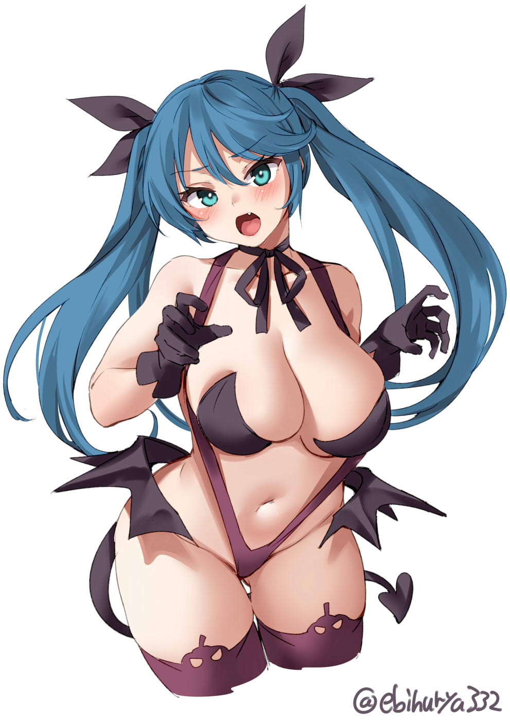 aqua eyes, bangs, big breasts, black gloves, blue hair, blush, breasts, cleavage, cute fang, demon, demon girl, demon tail, ebifurya, female, female only, gloves, hair ribbon, hairbow, halloween, halloween costume, huge breasts, isuzu (kantai collection), kantai collection, long hair, looking at viewer, navel, neck ribbon, open mouth, overflowing breasts, skimpy, skimpy clothes, sling bikini, solo, succubus, thick thighs, thighhighs, twintails, wide hips