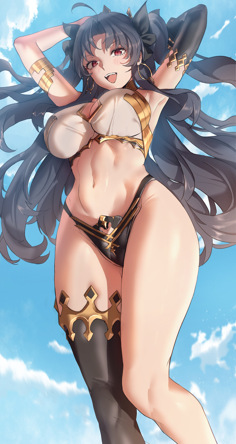 1girls, 2021, alternate breast size, armpits, arms behind head, arms up, black hair, black panties, blue sky, blush, breasts, deity, fate (series), fate/grand order, female, female focus, female only, goddess, hair ornament, highres, hips, hoop earrings, ishtar (fate), large breasts, long hair, looking at viewer, low-angle view, one thighhigh, outdoors, panties, po ppe, red eyes, slim waist, smile, thick thighs, thighhighs, thighs, twintails, white topwear, wide hips