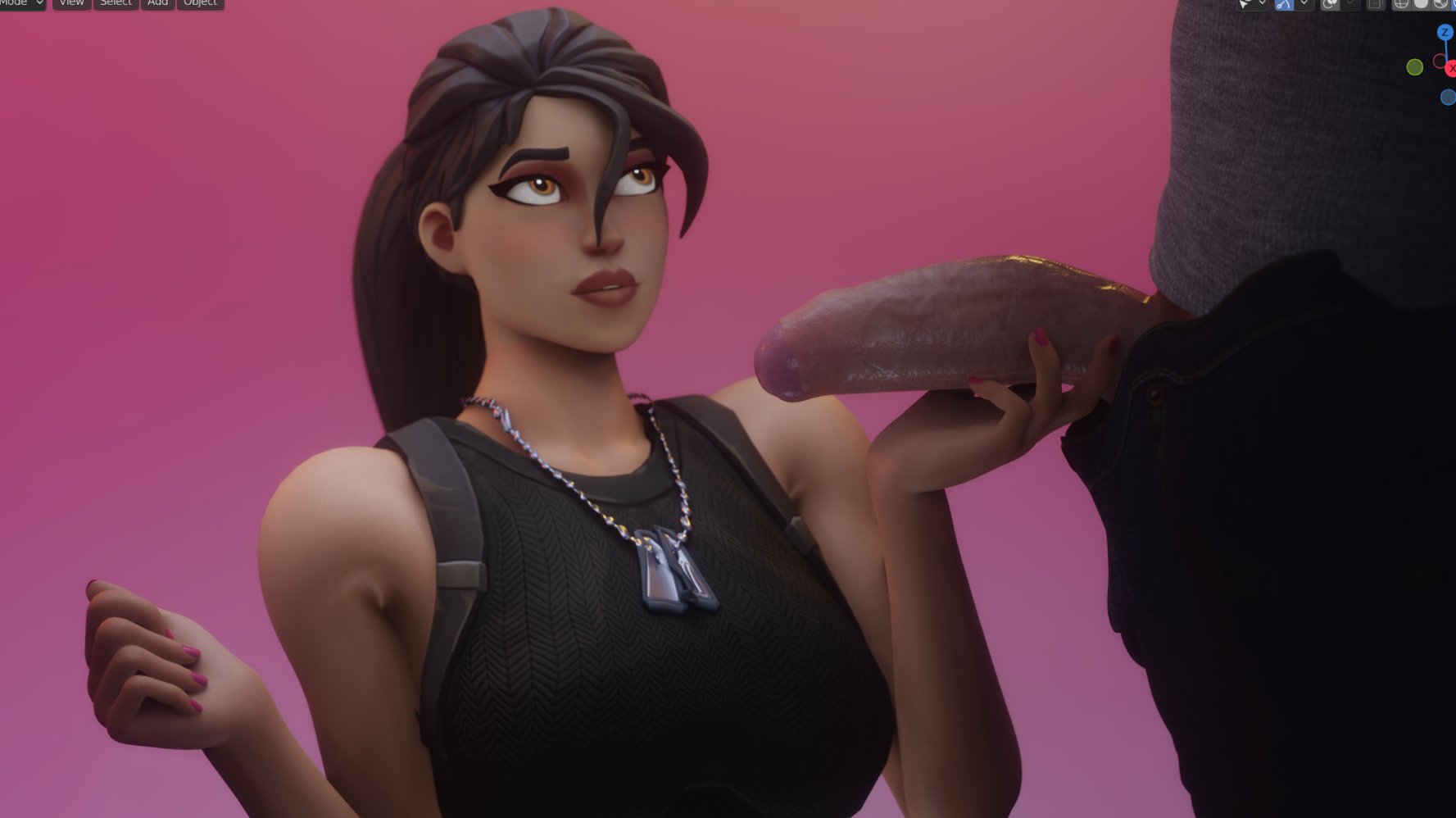 1boy, 1girls, 3d, blush, blushing, female, fortnite, gradient background, holding penis, interracial, jjjjd, light skin, light-skinned male, looking at partner, looking up, looking up at partner, male, pale skin, pale-skinned male, penis, penis out, ramirez (fortnite), ramirez (fortnite) (model), tagme, topwear