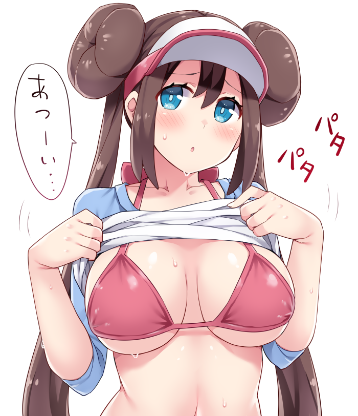 1girls :o amane_hasuhito bangs bikini bikini_top blue_shirt blush breasts brown_hair cleavage clothes_lift collarbone creatures_(company) double_bun eyes_visible_through_hair female game_freak hair_between_eyes hasu_(hk_works) large_breasts lifted_by_self long_hair looking_at_viewer nintendo pokemon pokemon_(game) pokemon_bw2 raglan_sleeves red_bikini rosa_(pokemon) shiny shiny_clothes shiny_hair shirt shirt_lift sidelocks simple_background solo speech_bubble sweat swimsuit translation_request twintails underboob upper_body very_long_hair visor_cap white_background white_shirt