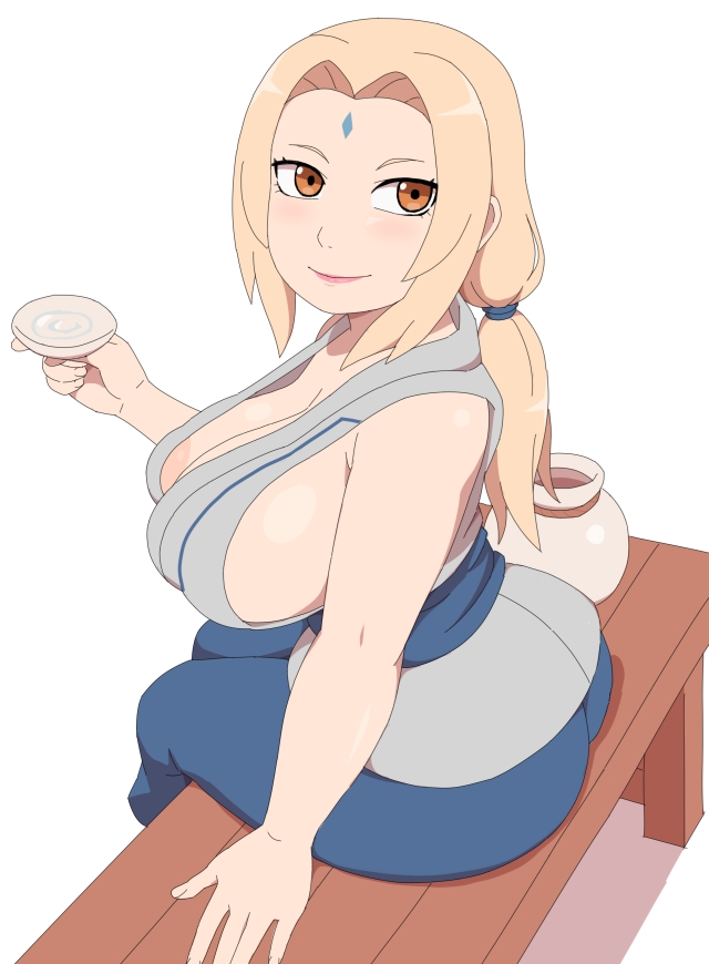 1girls, areolae, ass, big ass, big breasts, blonde hair, breasts, female, female only, fully clothed, huge breasts, kabeume, large breasts, long hair, naruto, naruto (series), sitting, solo, tsunade