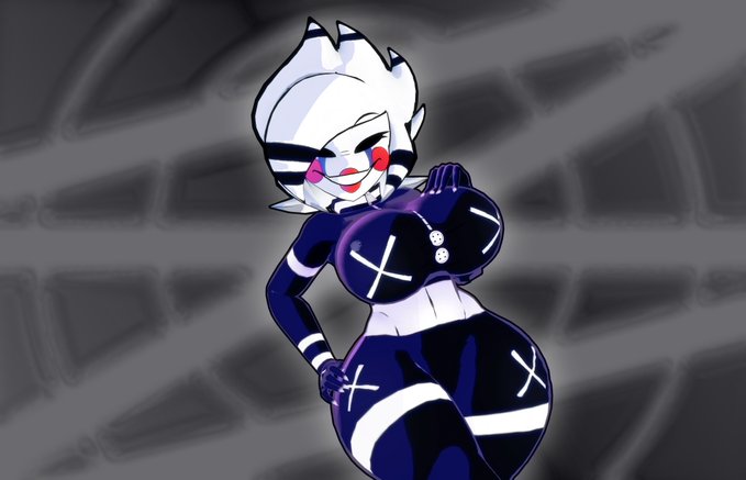 3d, big breasts, big thighs, black bottomwear, breasts, cally3d, clazzey, cryptiacurves, fazclaire's nightclub, female, five nights at freddy's, five nights at freddy's 2, fnaf, fredina's nightclub, hand on breast, hand on hip, marie (cally3d), marie (cryptia), marionette (fnaf), puppet (cally3d), puppet (fnaf), scottgames, smile, solo, white hair