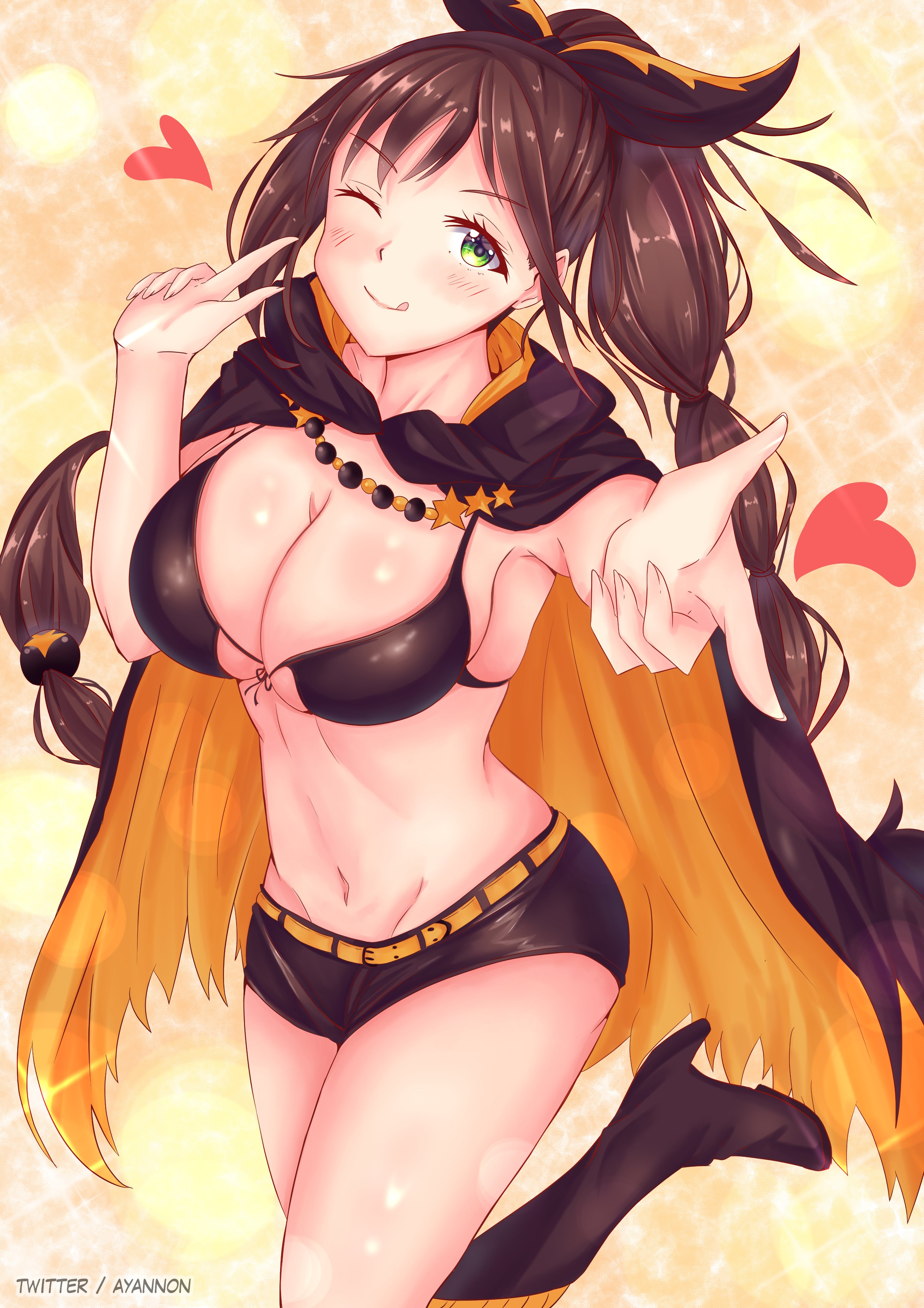 1girls, absurdres, ayannon yumme, bikini, blowing kiss, braid, braided ponytail, breasts, brown hair, cleavage, female, front-tie bikini, front-tie top, green eyes, hair ornament, hair ribbon, highres, large breasts, looking at viewer, re:zero kara hajimeru isekai seikatsu, ribbon, shaula (re:zero), short shorts, shorts, simple background, smile, solo, star (symbol), swimsuit