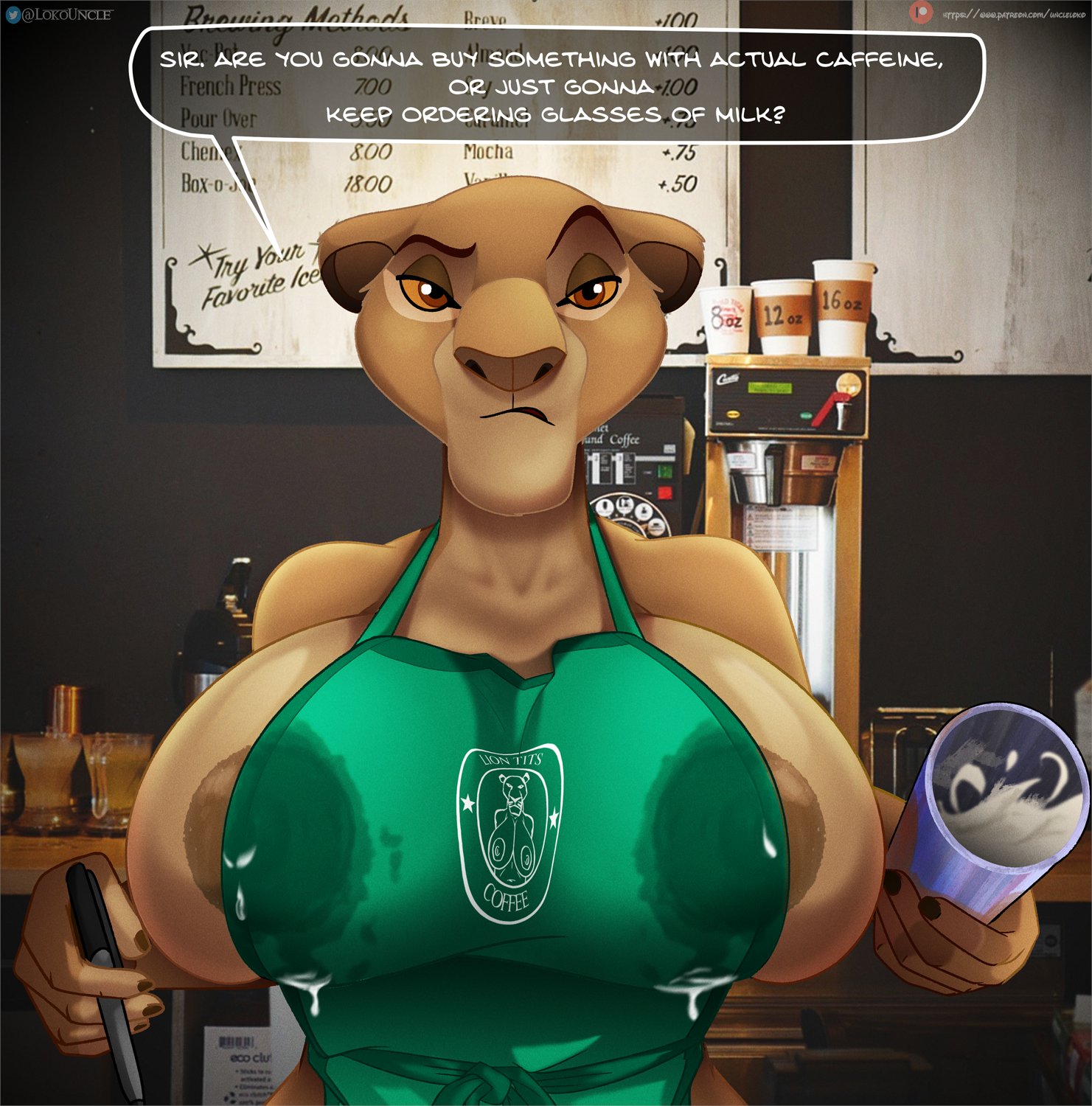 anthro, apron, breasts, disney, el-loko, english text, female, female focus, female only, fur, furry, holding object, huge breasts, iced latte with breast milk, lactating, lactation, lactation through clothes, lioness, looking at viewer, mammal, mammal humanoid, meme, mother, naked, naked apron, sarabi, speech bubble, text, the lion king, voluptuous