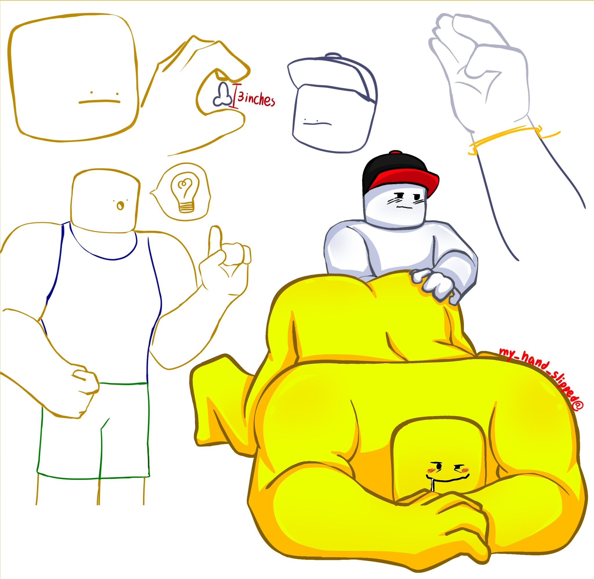 2boys, 2d, bald, blush, drooling, fisting, gay, guest (roblox), hat, male, muscles, muscular, muscular male, my hand slipped, naked, noob, orgasm, orgasm face, penis, penis size difference, roblox, robloxian, size difference, tagme, white background, white body, white skin, yaoi, yellow body, yellow skin