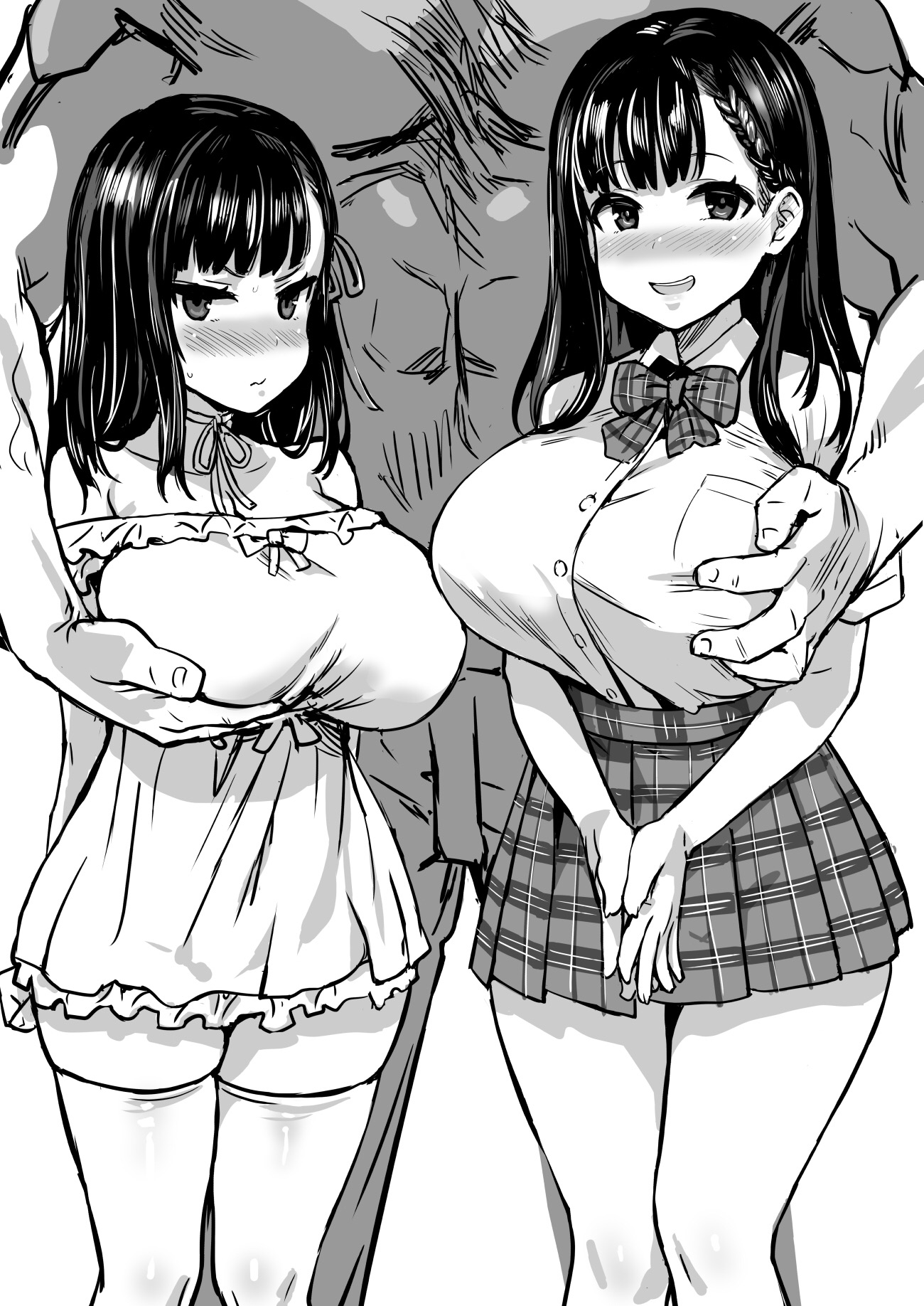 1boy, 2girls, abs, asanagi, bare shoulders, big breasts, blush, braid, breast grab, breasts, commission, female, female focus, groping, highres, huge breasts, imminent sex, large breasts, male, maledom, medium hair, monochrome, multiple females, multiple girls, muscular, muscular male, nervous smile, original, paid reward, pimp, school uniform, schoolgirl, shortstack, shy, simple background, size difference, taller male, thick thighs, thighhighs, white background, worried
