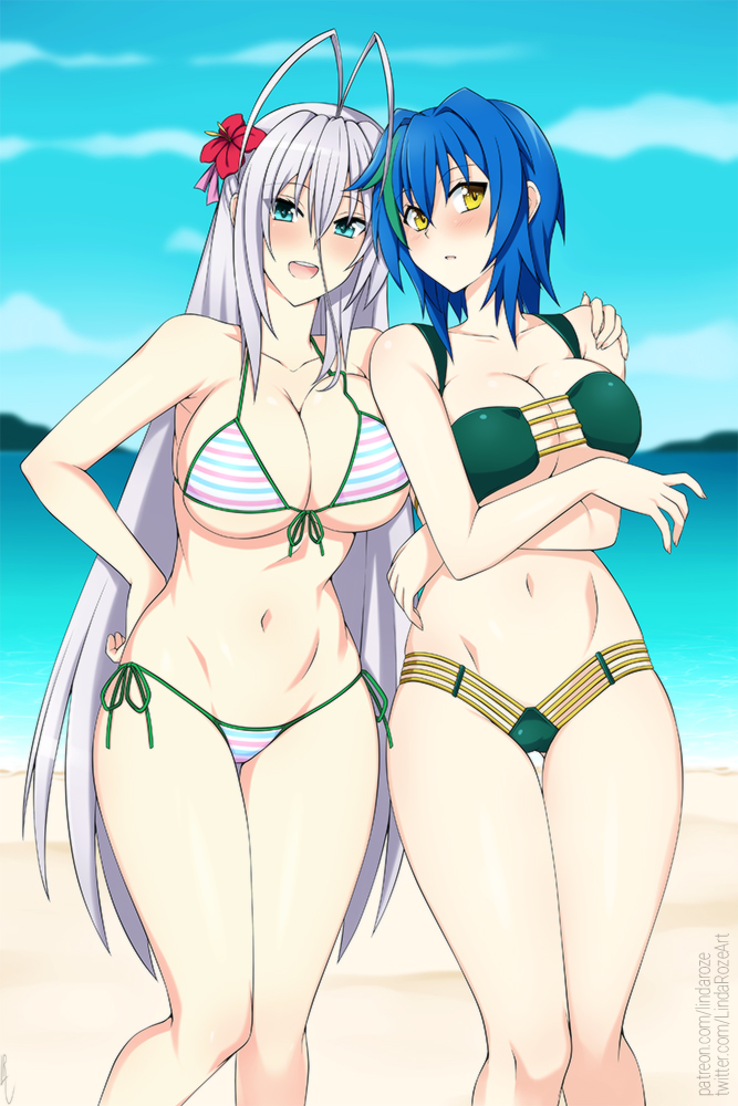 2girls, beach, bikini, bikini bottom, bikini top, blue eyes, blue hair, blush, breasts, cute expression, female, green hair, high school dxd, light skin, light-skinned female, lindaroze, long hair, looking at viewer, ocean, rossweisse, short hair, smiling at viewer, thighs, two-tone hair, voluptuous, white hair, xenovia quarta, yellow eyes