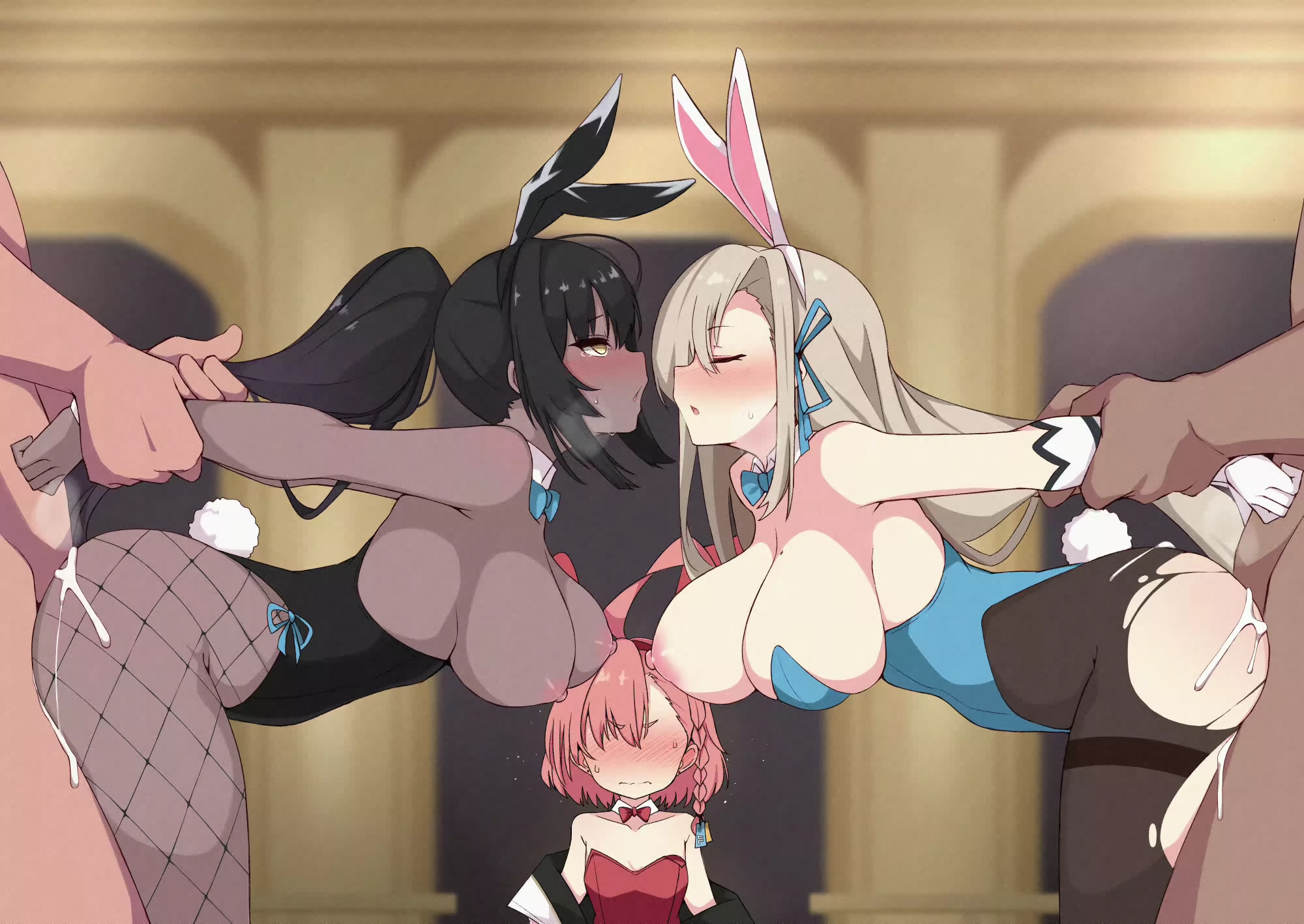 2boys, 3girls, age difference, ambiguous penetration, arm grab, asuna (blue archive), asuna (bunny) (blue archive), bent over, blue archive, blush, breast press, breasts, breasts out, bunny ears, bunny girl, bunny tail, bunnysuit, cleaning & clearing (blue archive), clothed sex, color, creampie, cum, cum in pussy, cum inside, cum overflow, curvaceous, dark skin, dark-skinned female, different breast sizes, faceless male, female, femsub, fetish, full body, human, human female, human male, interracial, karin (blue archive), karin (bunny) (blue archive), kumasteam, large breasts, leotard, light-skinned female, long hair, looking pleasured, male, mature male, medium breasts, millennium science school student, neru (blue archive), neru (bunny) (blue archive), nipples, older male, ponytail, prison guard position, sex, sex from behind, slim waist, standing sex, teenager, vaginal penetration, variant set, very high resolution, younger female