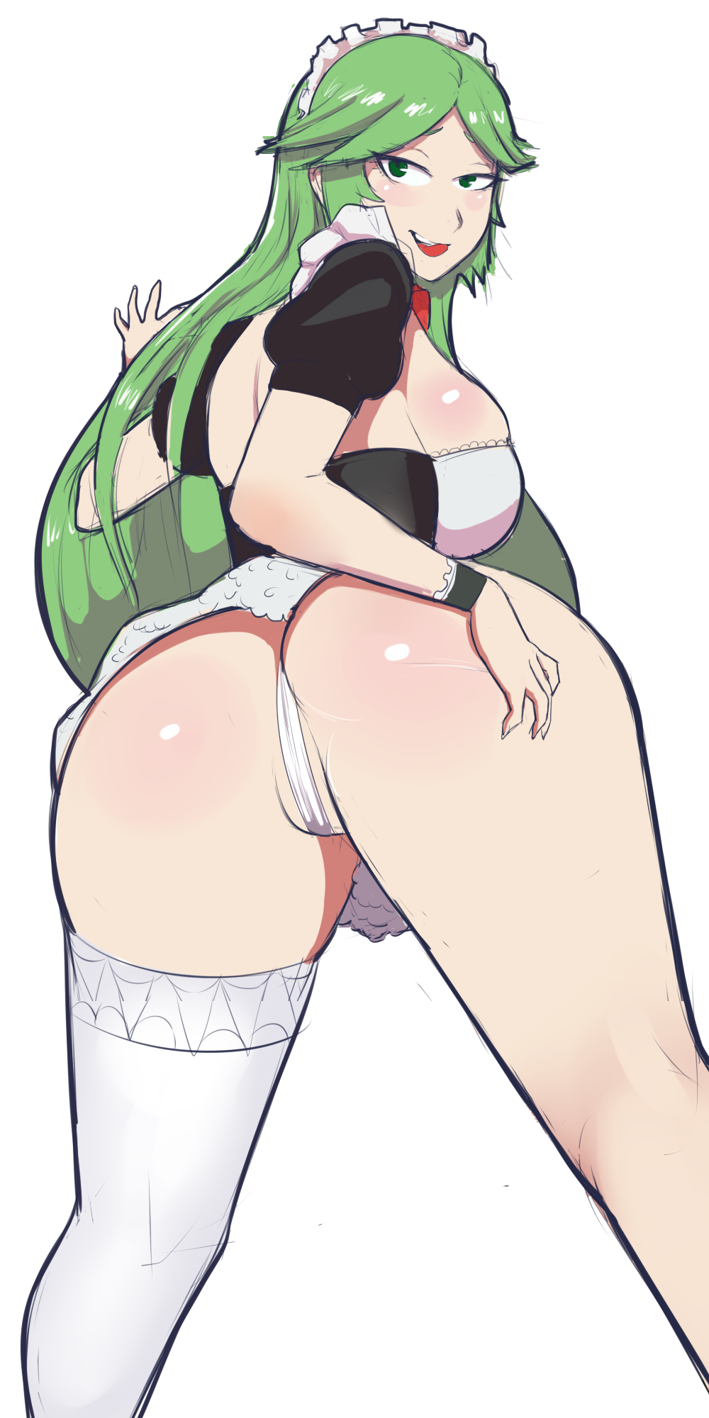 artist request, ass, breasts, female, female focus, female only, goddess, green eyes, green hair, hand on ass, hand on butt, kid icarus, light skin, light-skinned female, long hair, looking at viewer, maid, maid uniform, naughty face, nintendo, palutena, showing ass, solo, solo female, thick thighs, thighs, tongue, tongue out, voluptuous