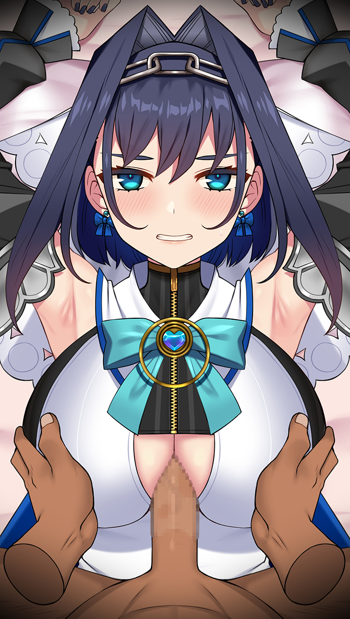 1boy, 1girls, armpits, arms up, bangs, big breasts, blue eyes, blue hair, blush, breasts, censored, clothed paizuri, clothed sex, female, hololive, hololive english, hololive english -council-, hololive english -promise-, huge breasts, large breasts, male, mosaic censoring, nt00, ouro kronii, paizuri, paizuri under clothes, penis, sex, virtual youtuber