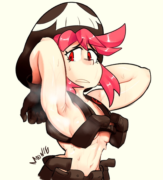 1girls, absurd res, armpit fetish, armpits, arms behind head, arms up, breasts, clothing, female, hi res, jakuzure nonon, kill la kill, lilmoonie, musk, pink hair, pink-haired female, presenting armpit, red eyes, small breasts, solo, steam, steaming body, sweat