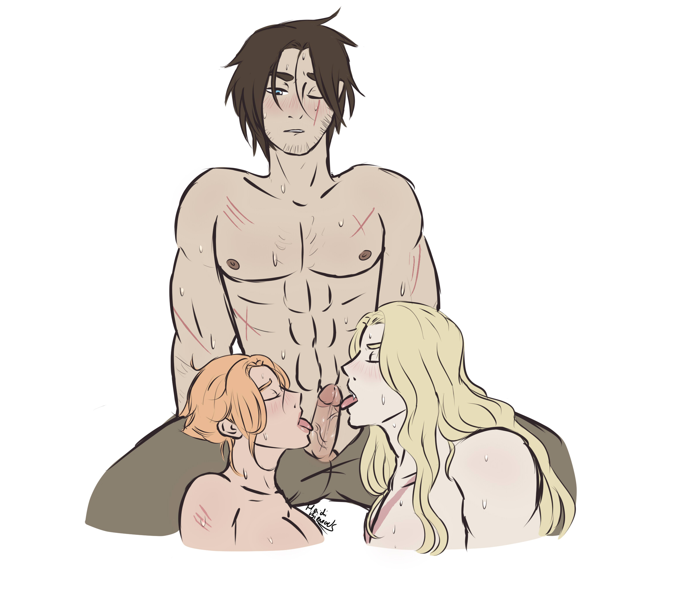 1girls, 2boys, abs, alucard (castlevania), assisted fellatio, balls, bare chest, bisexual, bisexual fellatio, bisexual male, bishonen, blowjob, blush, both sexes in same situation, castlevania, castlevania (netflix), collaborative fellatio, dhampir, erection, facial hair, female, female supporting yaoi, gay, heidibiersack, licking penis, light skin, light-skinned female, light-skinned male, long hair, long-haired male, male, mmf, mmf threesome, muscular, muscular male, ot3, partially clothed, penis, polyamory, scar across eye, scars, sweat, sypha belnades, testicles, threesome, throuple, trevor belmont, vampire, yaoi