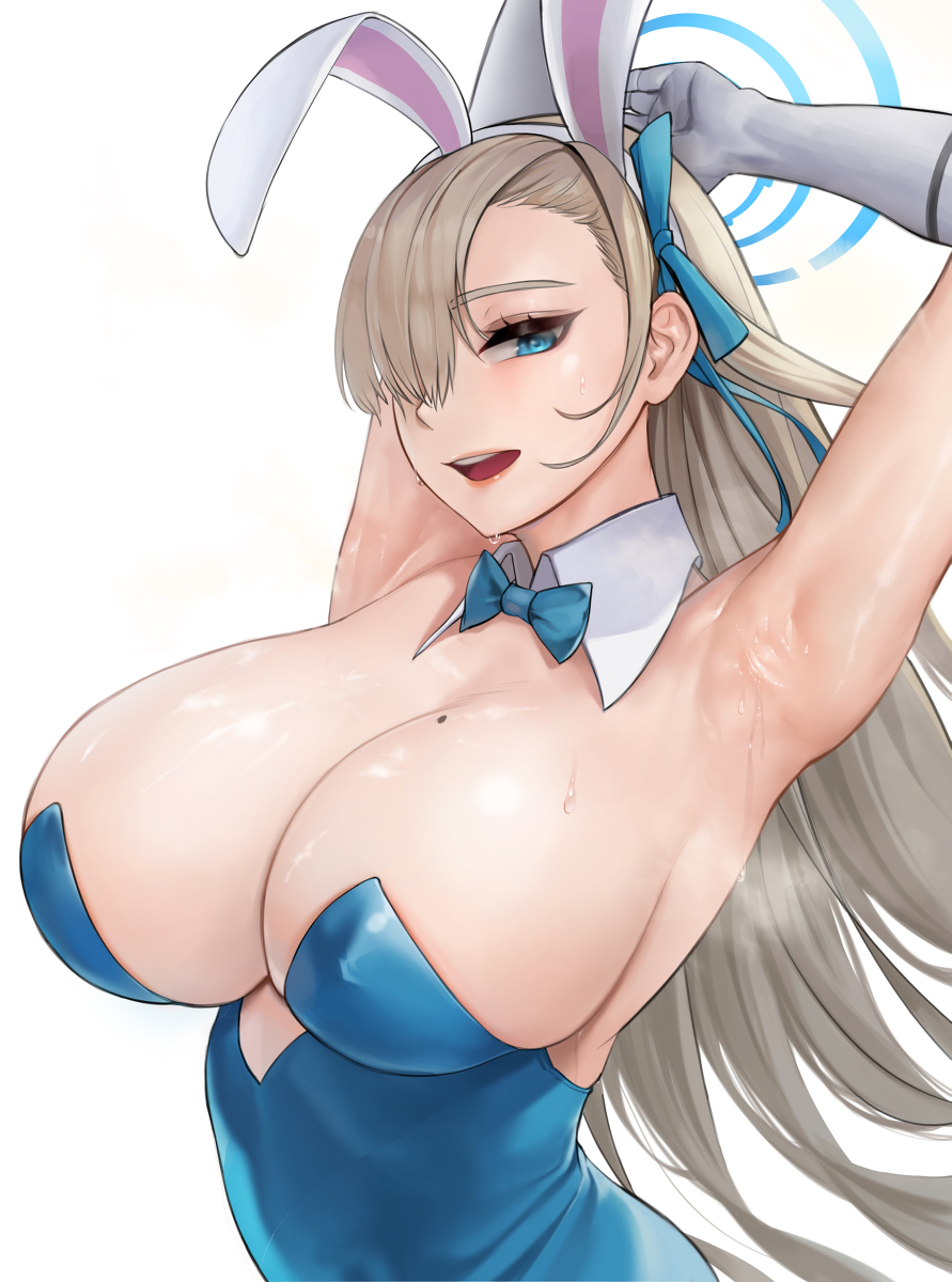 1girls armpits arms_up asuna_(blue_archive) asuna_(bunny)_(blue_archive) asuna_(bunny_girl)_(blue_archive) blue_archive fake_animal_ears fake_rabbit_ears female female_focus female_only large_breasts light-skinned_female light_skin millennium_science_school_student mute_(mute89539160) solo sweat