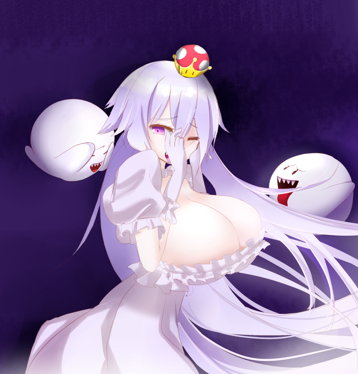 1girls, 2others, ambiguous gender, big breasts, boo (mario), boosette, breasts, cleavage, clothing, dress, female, female focus, huge breasts, long hair, luigi's mansion, mario (series), new super mario bros. u deluxe, nicorima, one eye closed, simple background, super crown, tagme, wholesome